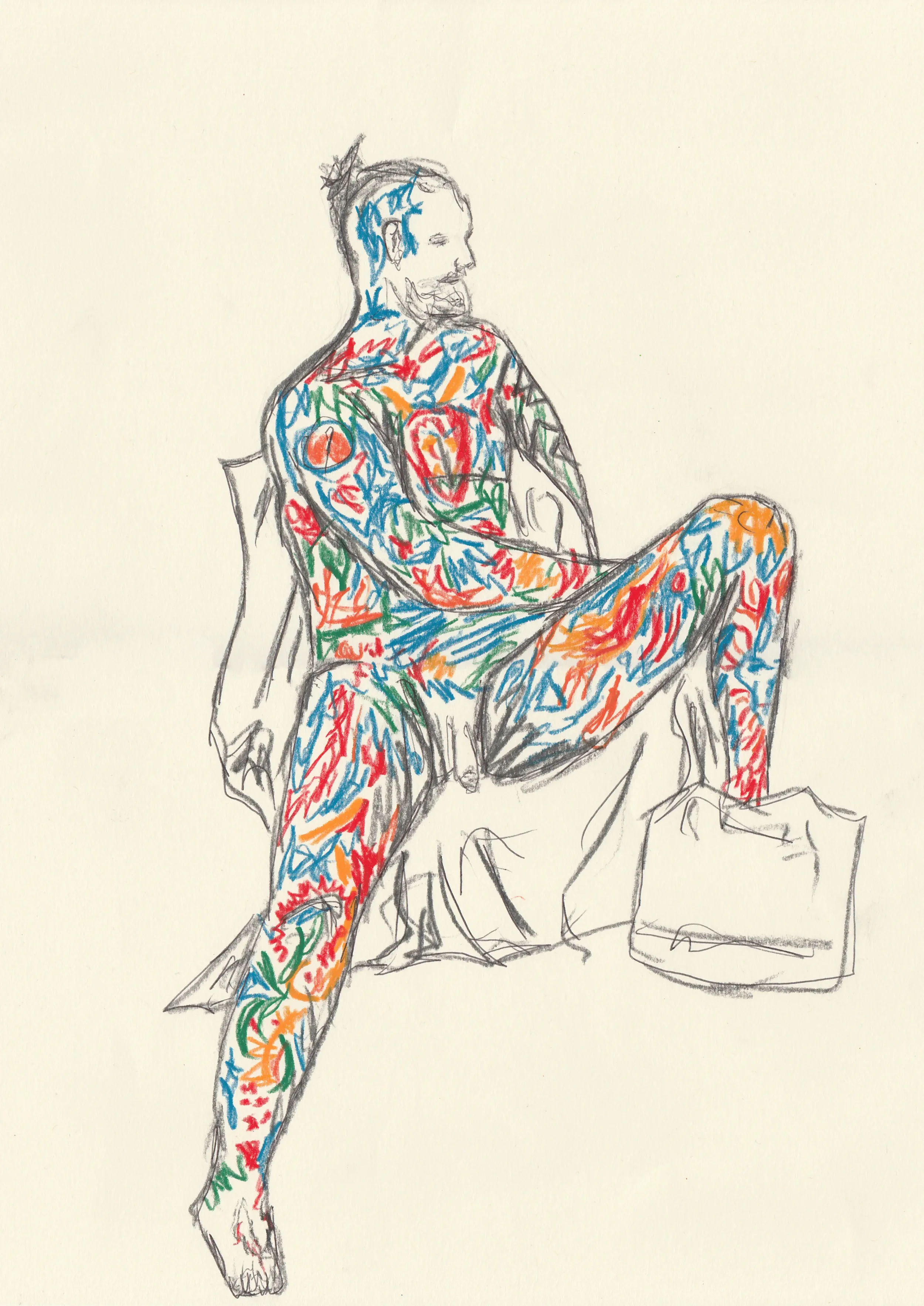 Tattooed Nude - Wax pastel, graphite, biro