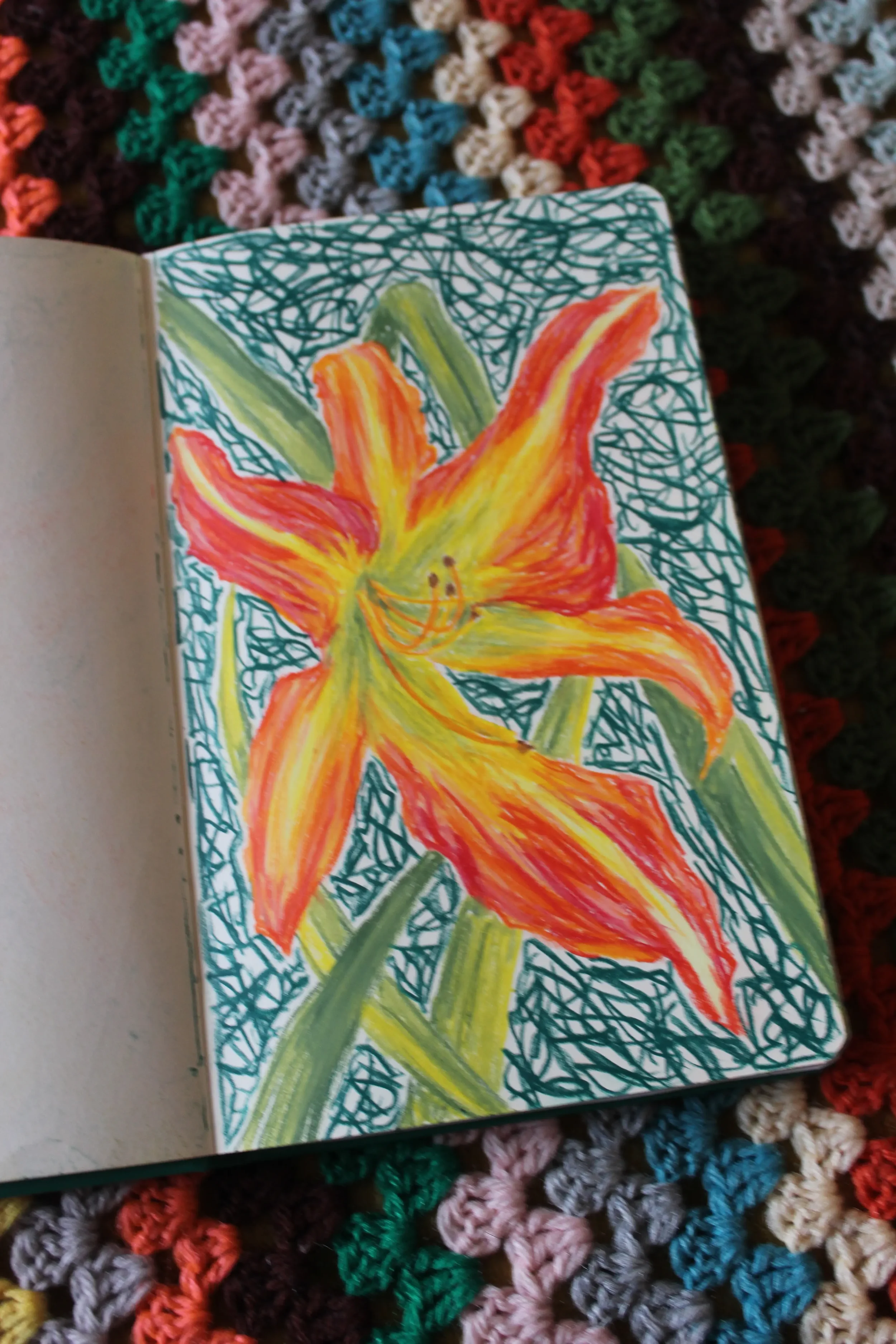 Colorful hand-drawn illustration of a large orange lily flower with green leaves on a patterned background.