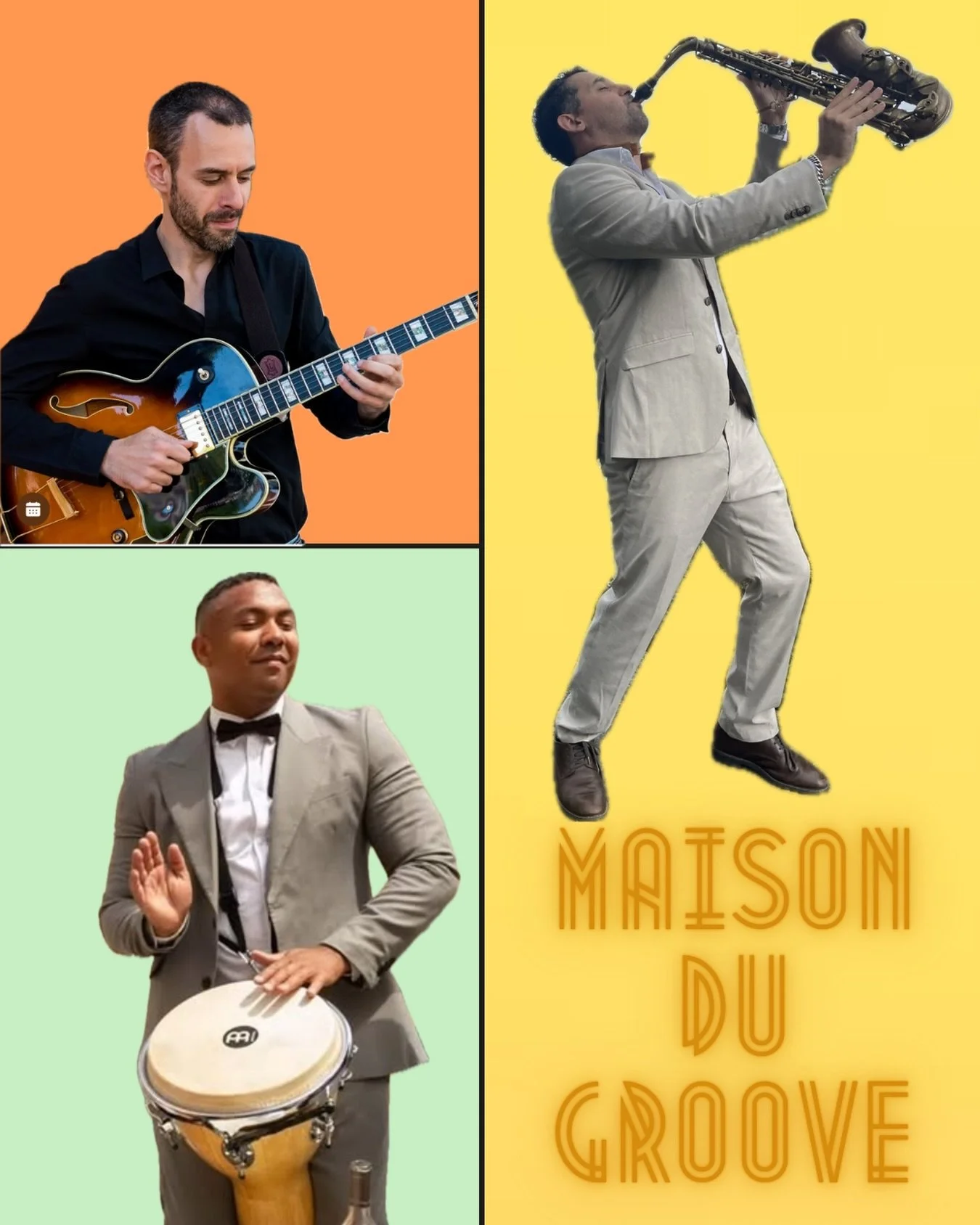 22 February - 21.00h - @degekkegeit 
Come to dance with Maison Du Groove!
🎷 @mikeonsax_ 
🎸 @albertcasan 
🪘 @longfield_percussion 
.
.
.
.
.
.
.
.
.
.
#MaisonDuGroove #EventBand #LuxuryEvents #LiveMusic #EventPlanners