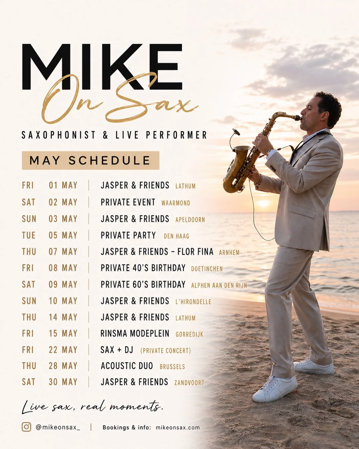 Mei ziet er goed uit 🎷🔥
Van bruiloften tot private parties en live shows door heel NL &amp; Belgi&euml;

Klaar voor een maand vol muziek 🙌🏽
Waar zie ik jou?

📩 Boekingen: info@mikeonsax.com

#saxofonist #livemuziek #djsax #bruiloftmuziek #evenem