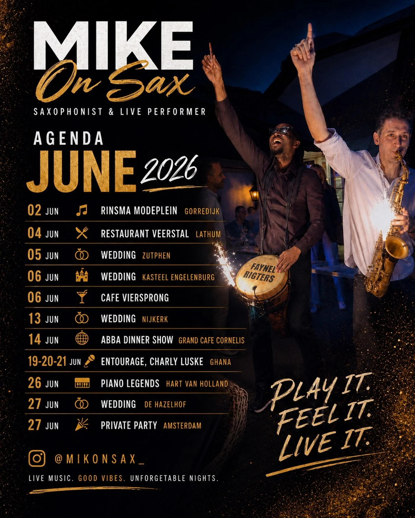 🎷 June is filling up nicely! 🔥

From weddings and private parties to dinner shows and even Ghana 🇬🇭 this month is looking exciting!

✨ Still looking for live music this summer? Even on dates where I&rsquo;m already performing, there are often tim