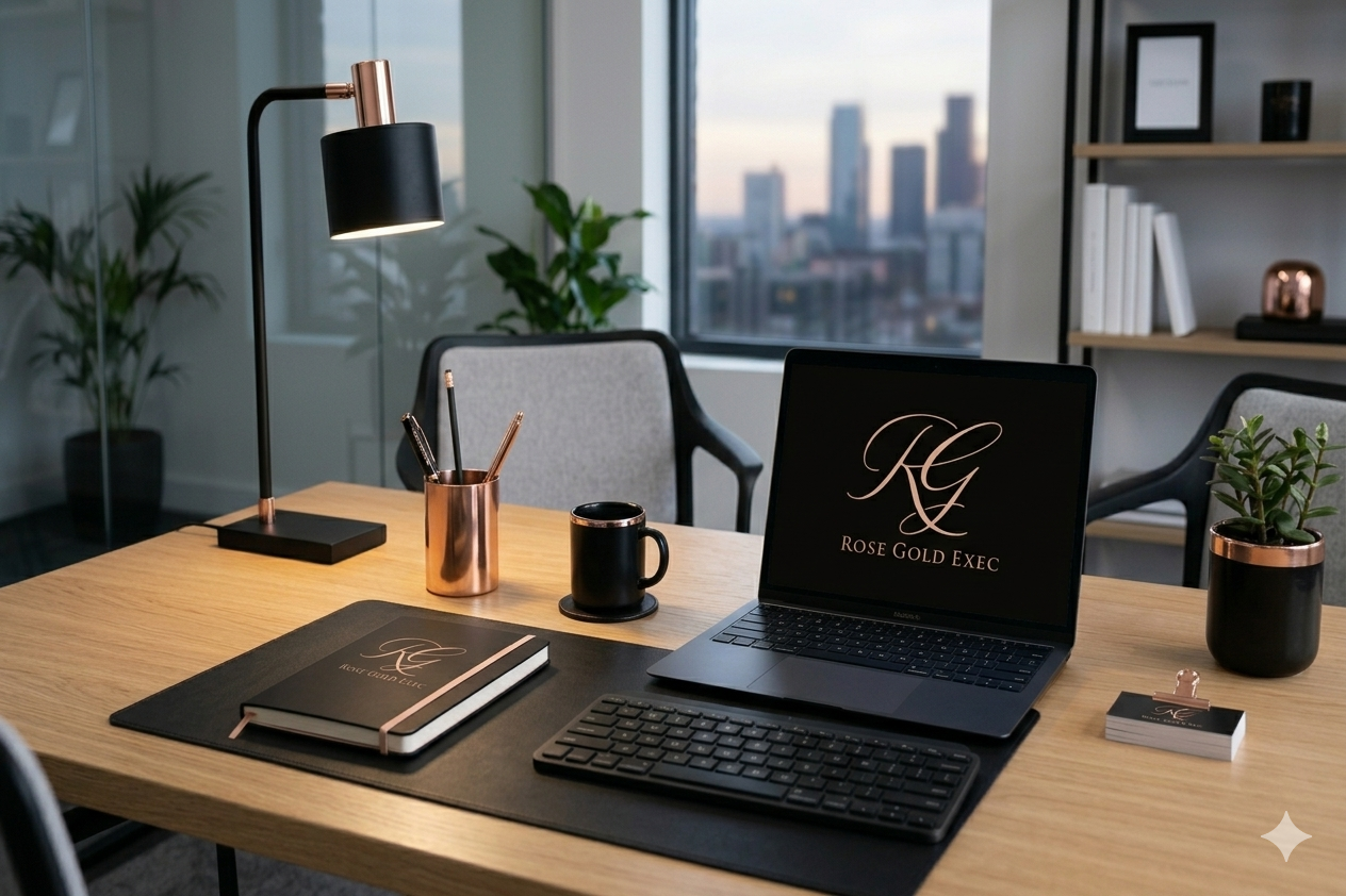 An organized office desk with a laptop displaying "KG Rose Gold Exec" on the screen, a black notebook with the same logo, a black coffee mug, a black wireless keyboard, a black desk mat, a copper-colored pen holder with pens, a small black and copper potted plant, a desk lamp with a black shade and copper arm, a stack of business cards, and a window showing a city skyline in the background.