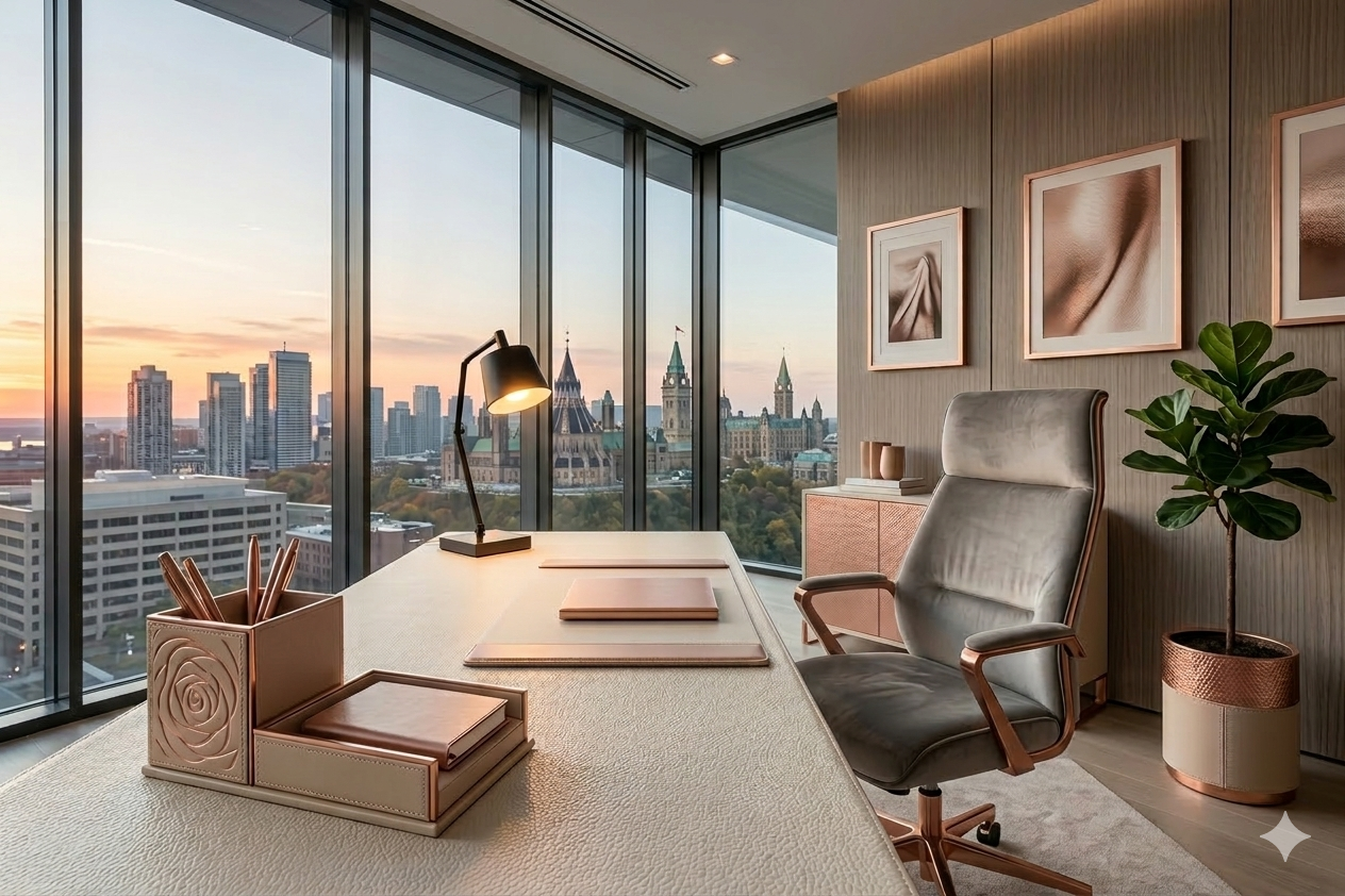 An office space with a large desk, ergonomic chair, potted plant, artwork on the wall, and a city skyline view through floor-to-ceiling windows during sunset.