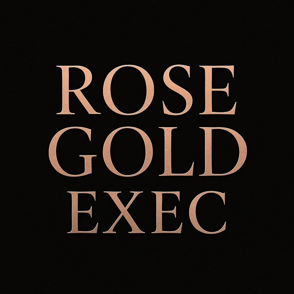 Text that reads 'ROSE GOLD EXEC' on a black background, with the words stacked vertically.