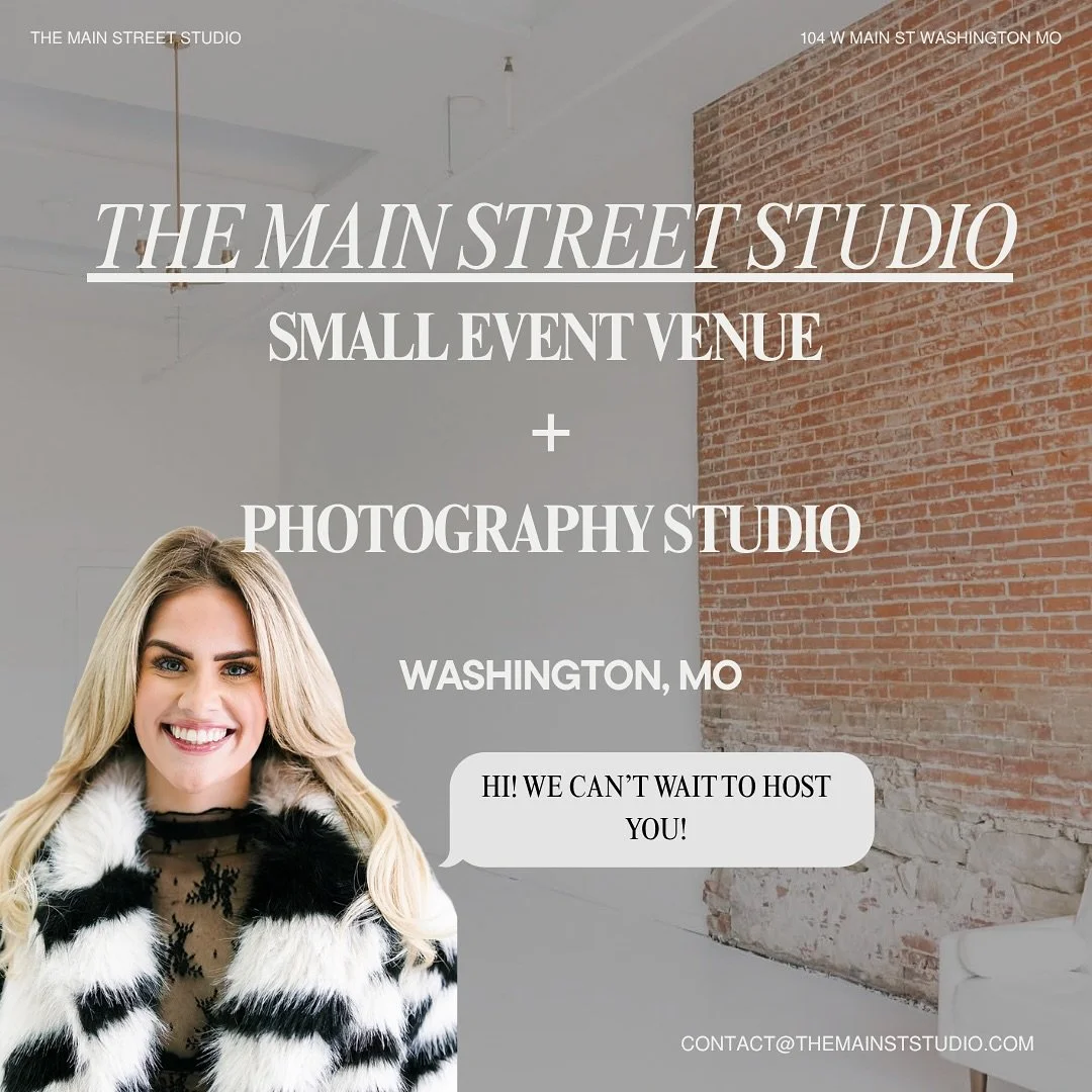 ✨ Welcome to The Main Street Studio &mdash; Washington, MO&rsquo;s hidden gem! ✨

Whether you&rsquo;re planning an intimate event, hosting a meeting or workshop, or need a bright all-white studio for your next photo session, our space is designed to 