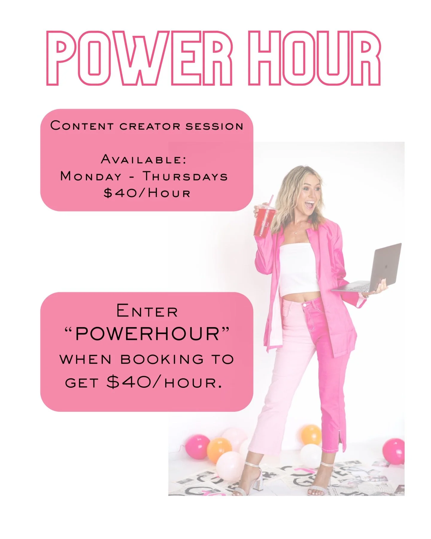 ⚡️Power Hour⚡️
Content Creator Sessions. 
Available Monday - Thursdays for $40/hr.

A focused, 60-minute studio session designed for influencers, entrepreneurs, and creators who need a clean, bright space to film reels, capture B-roll, and refresh th