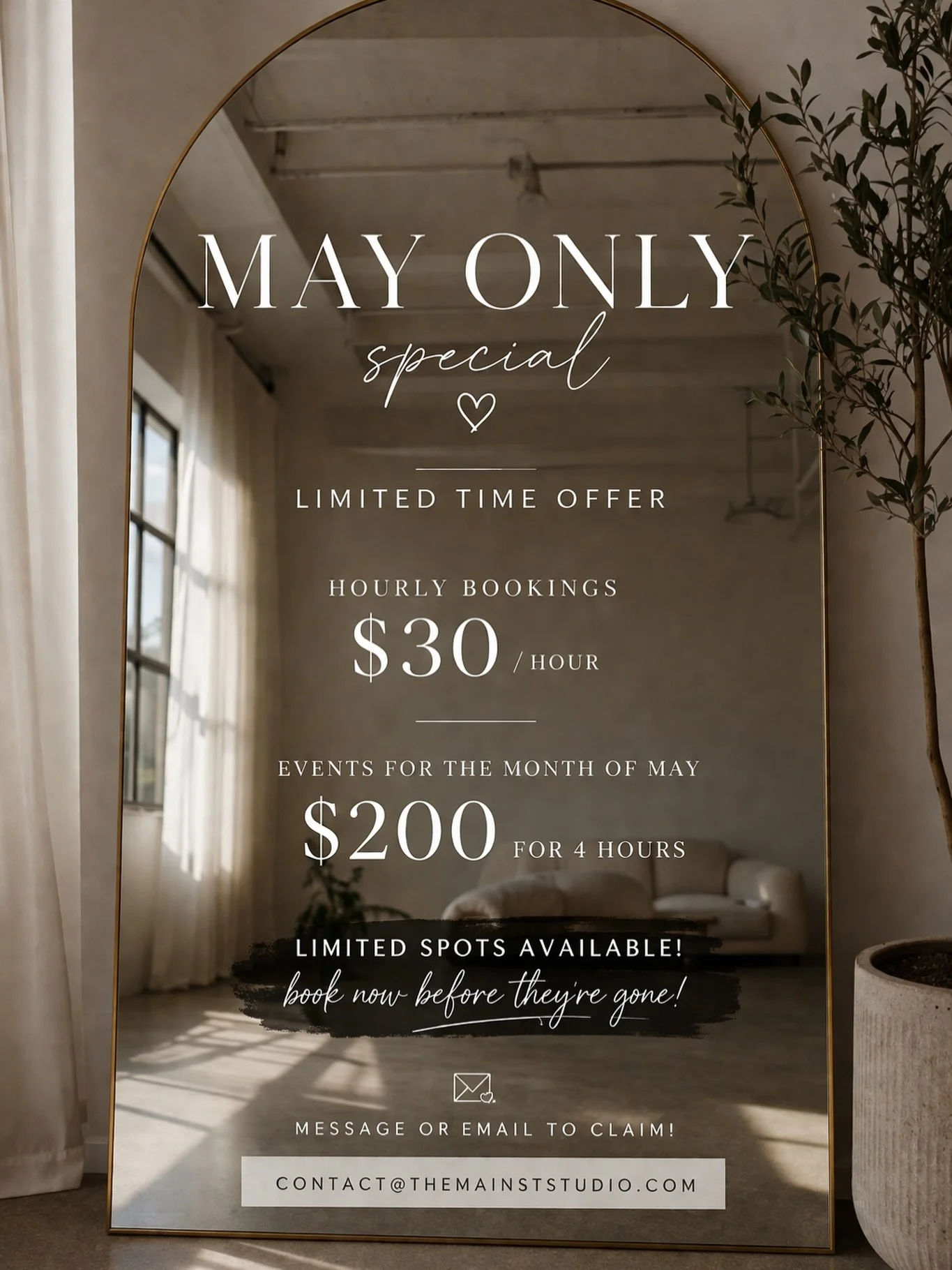 🚨 MAY SPECIAL &mdash; THIS WILL SELL OUT 🚨 

If you&rsquo;ve been waiting for the perfect time to book&hellip; this is it. 

For MAY ONLY: 
✨ Studio time for just $30/hour 
✨ Full events for $200 (4 hours!) 

These prices are the LOWEST we&rsquo;ll