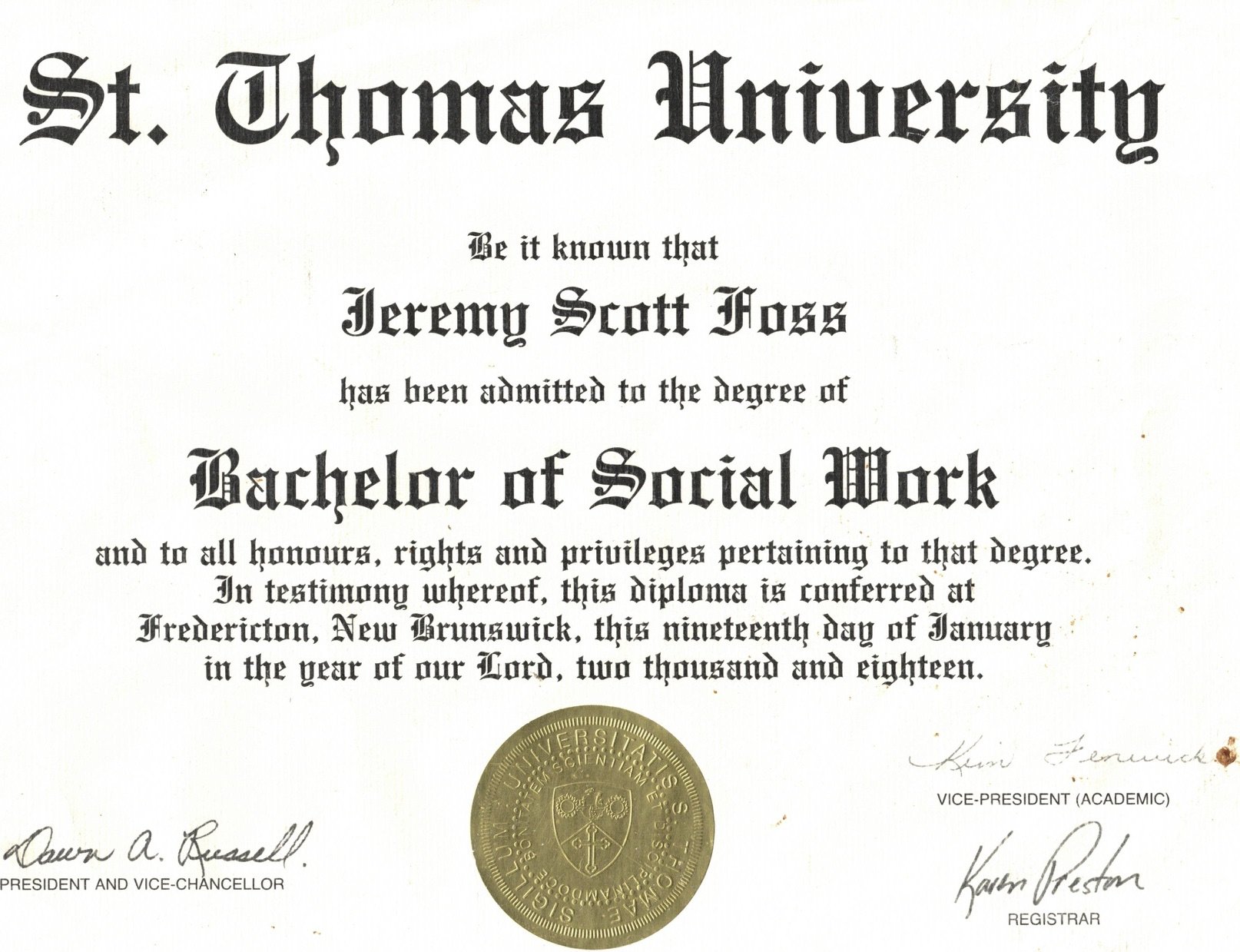 Bachelor of Social Work, St. Thomas University, 2018