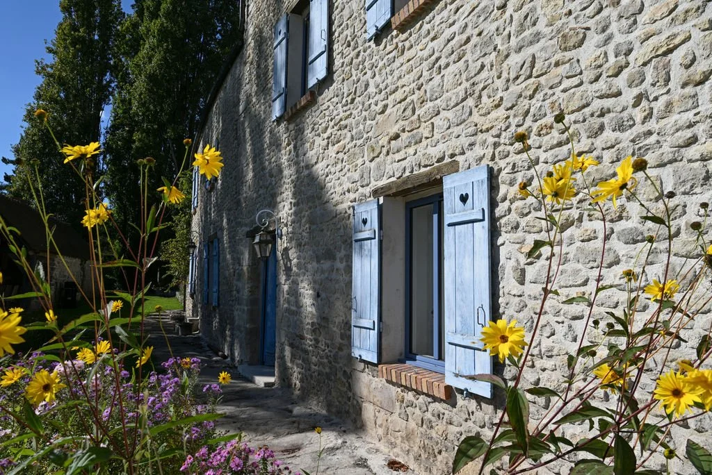 A stone house with blue shutters on a sunny day, surrounded by yellow and purple flowers.
