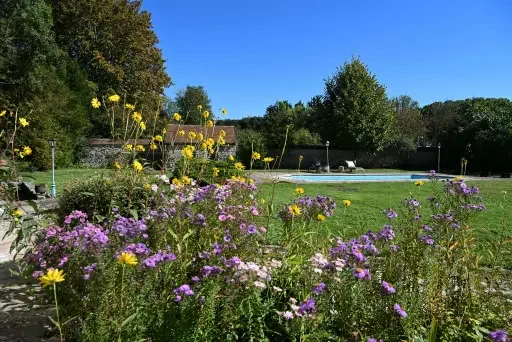 A backyard garden with colorful flowers, a swimming pool, and trees under a clear blue sky.