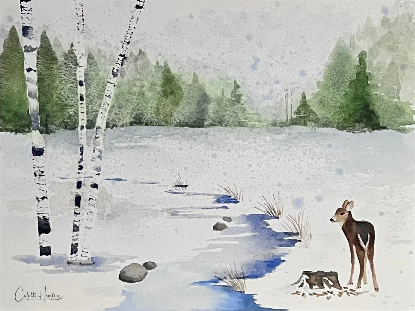 Faon dans la neige - Papier Arches 100% coton, 300g, grain torchon. 23 x 31 cm. Décembre 2025