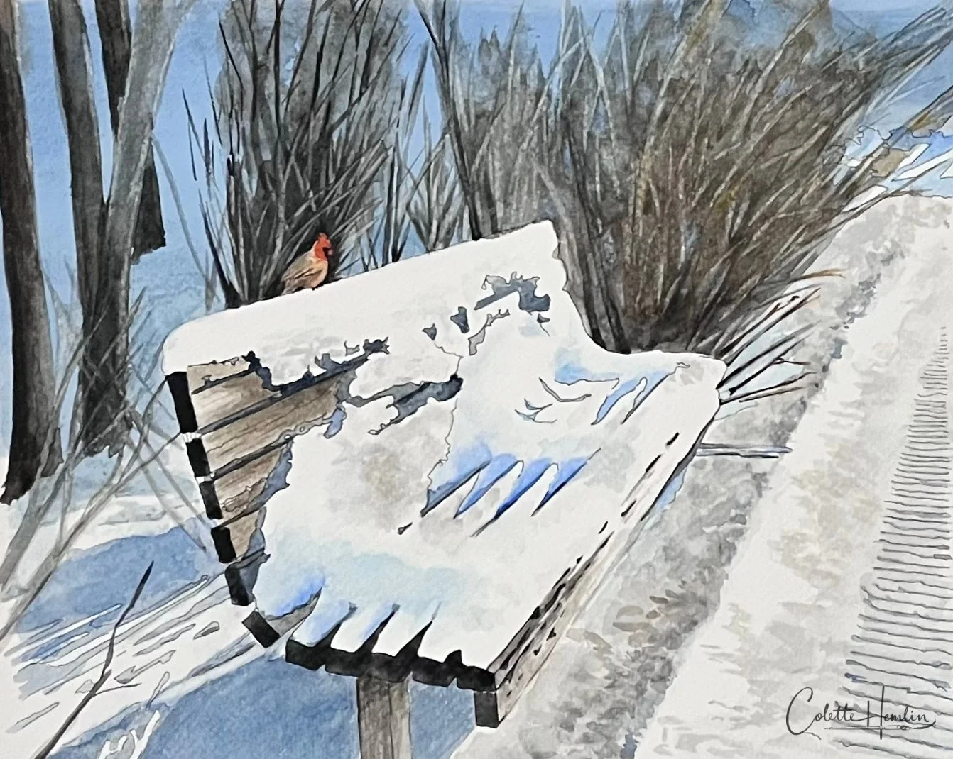 Le banc public,  Deserres Fabriano, 300g 25% coton, 23 x 28 cm. Décembre 2025
