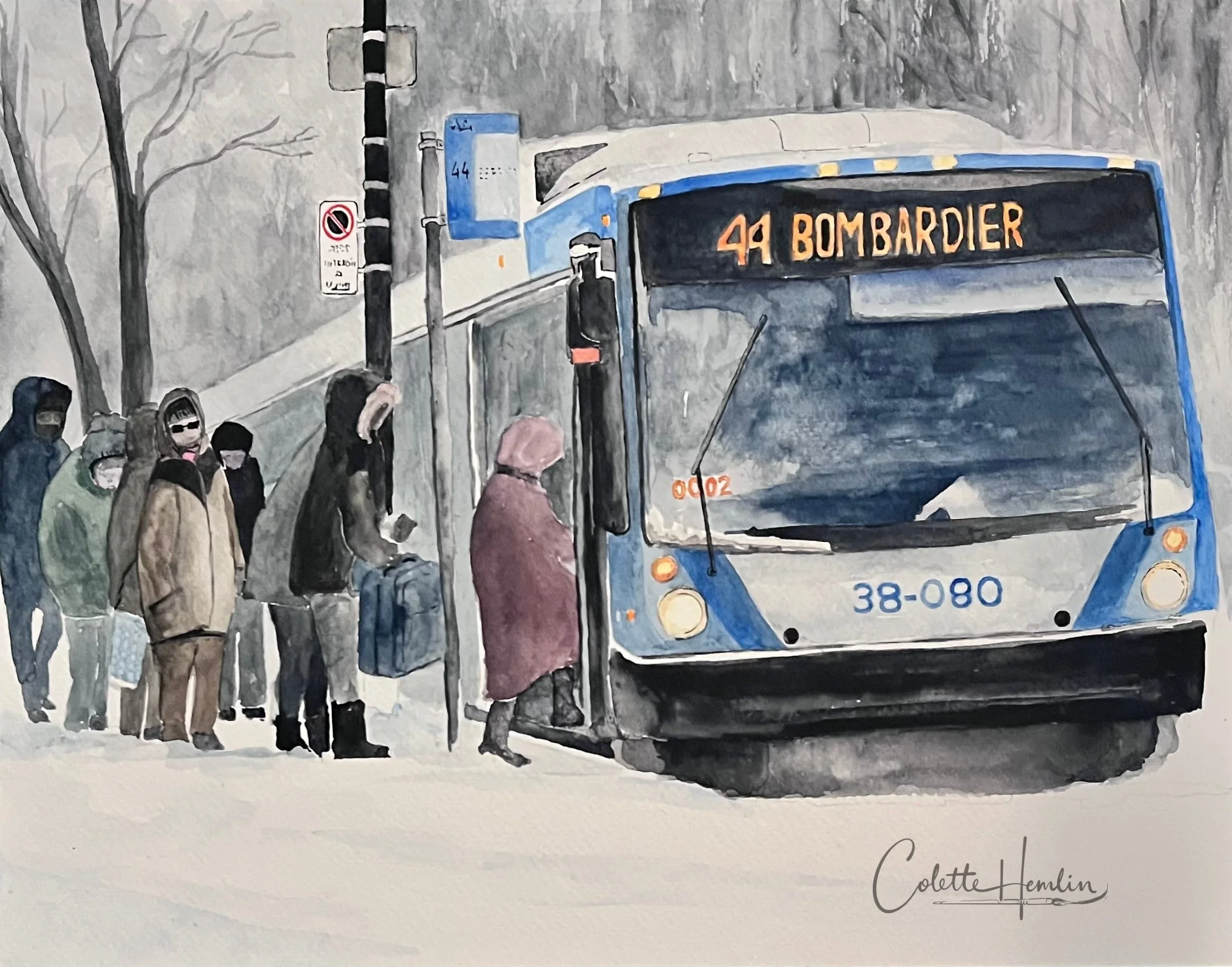 La file d'attente" Aquarelle, 36 x 28 cm. Fabriano Deserres 300g 25% coton, 11 x 14 po (28 x 36 cm) Février 2026. ---------- 2026-11