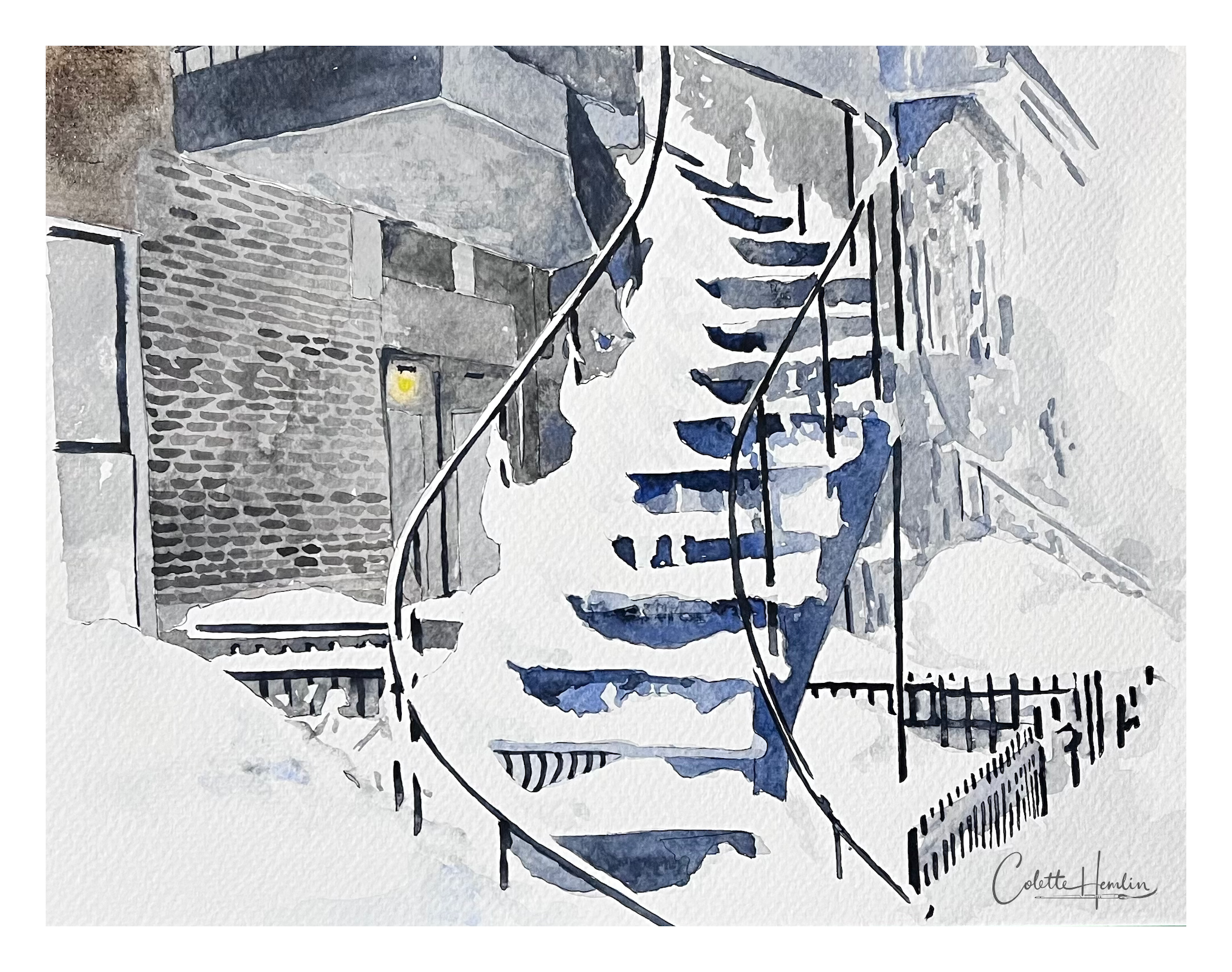 "Janvier à Montréal", janvier 2026. Aquarelle, 20 x 26 cm. Papier Fabriano Deserres 25% coton, pressé à froid, 300g. 