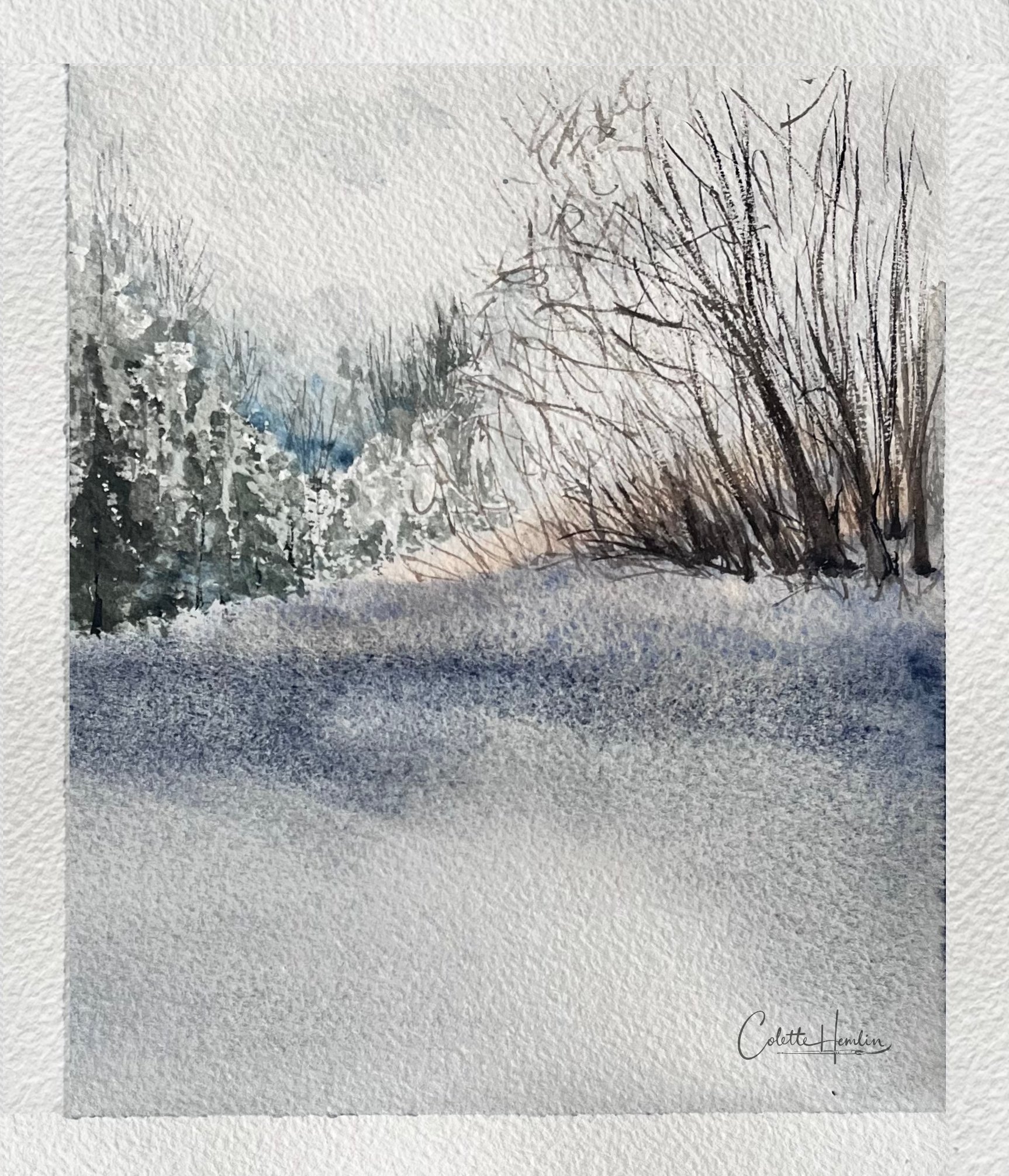 "Fin d'après-midi d'hiver". Aquarelle, papier Canson 300g 100% coton, 7 x 9 po (18 x 23 cm). Février 2026. 2026-13