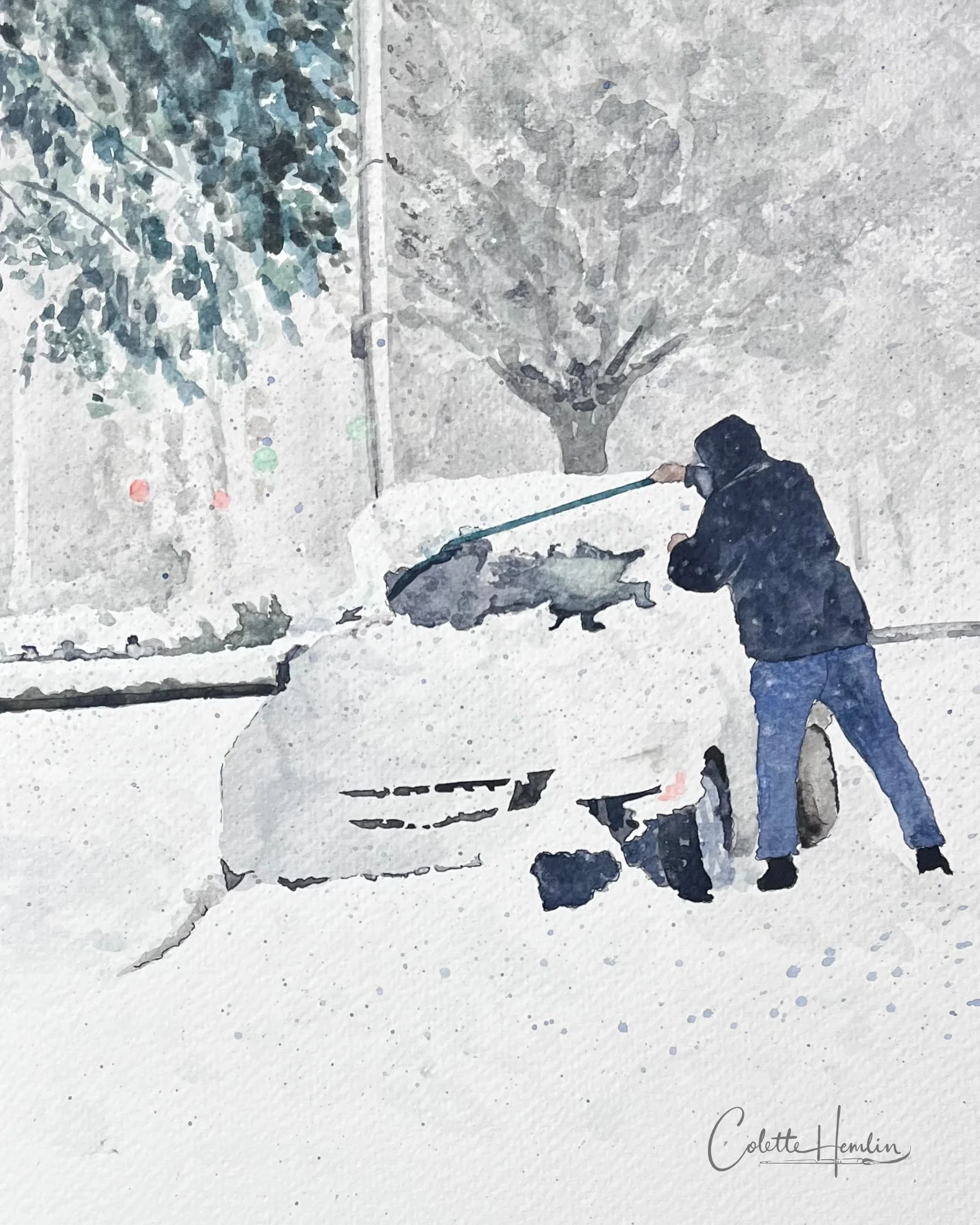 "Plaisirs d'hiver". Aquarelle, papier Fabriano Deserres 300g 25% coton, 9 x 12 po (23 x 31 cm) Janvier 2026 ---------- 2026-10