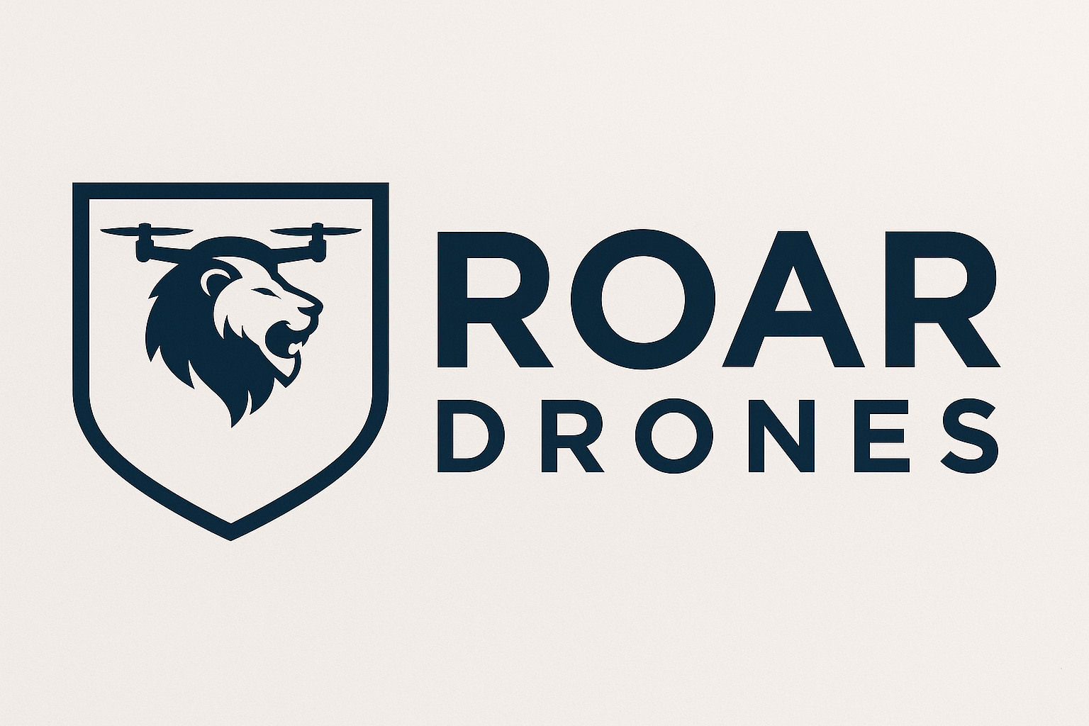 Logo for Roar Drones featuring a shield with a lion's head and a drone above.