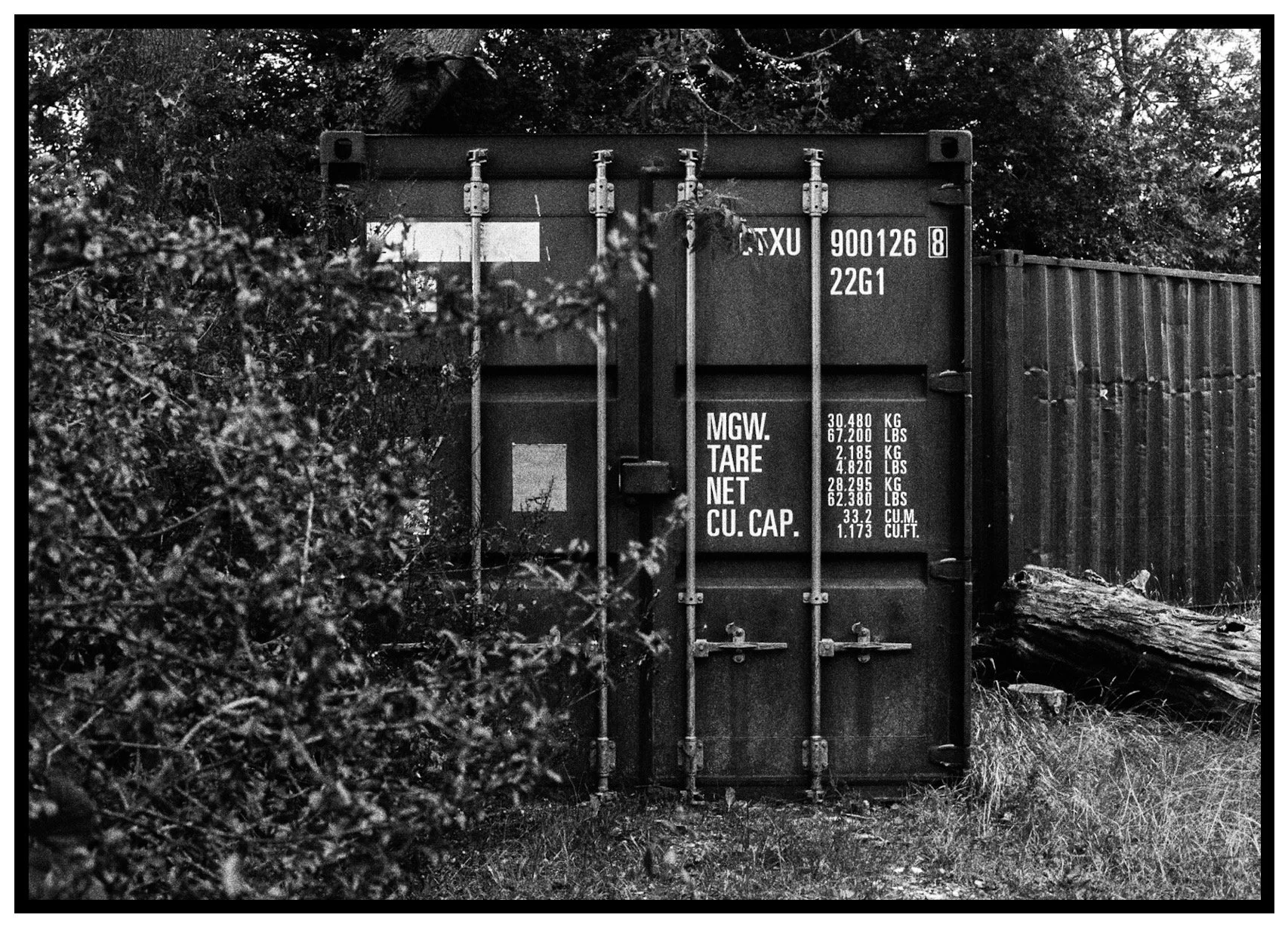 Black and white photo of a closed shipping container outdoors, surrounded by trees and bushes.