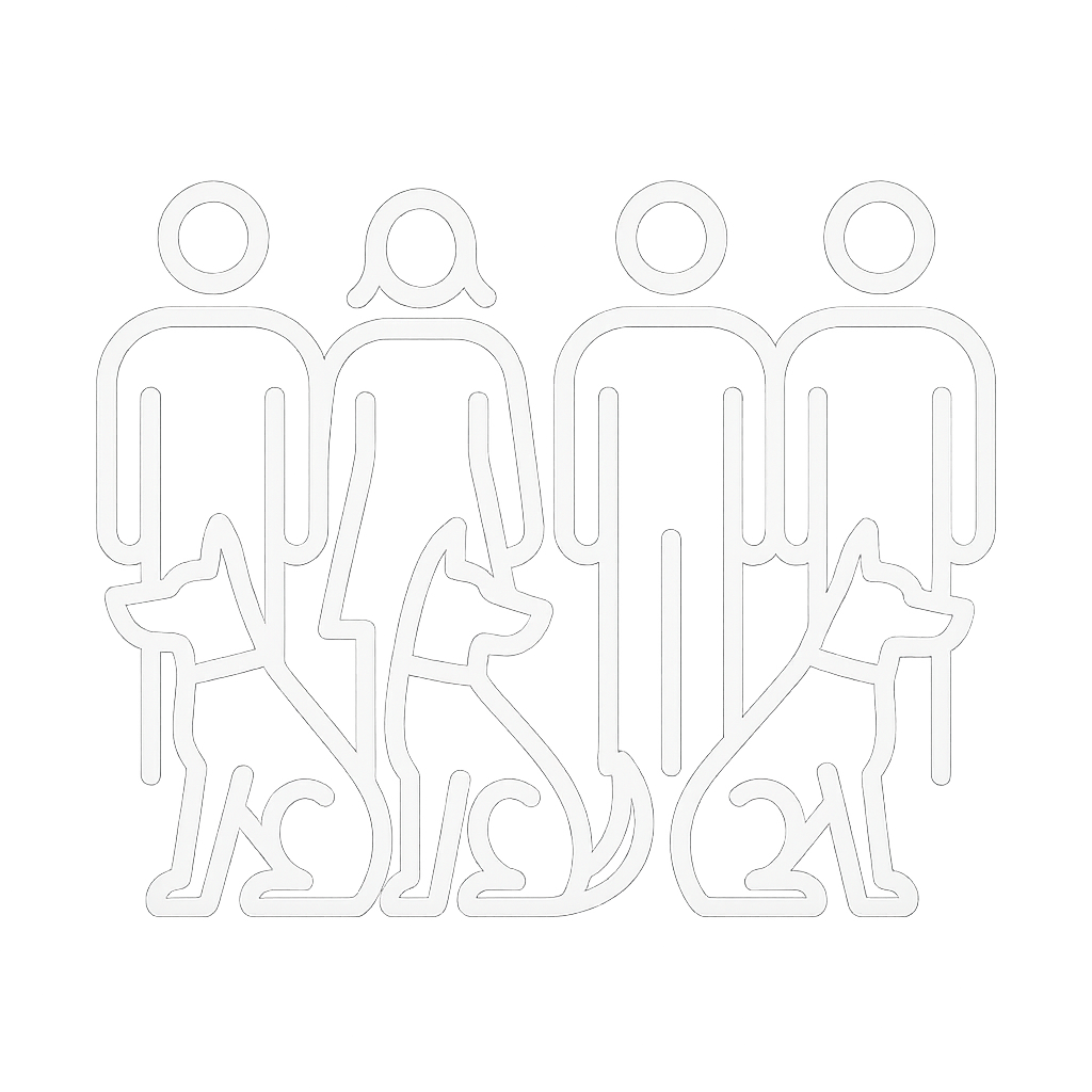Outline drawing of four people, two women and two men, with two small dogs, on a black background.