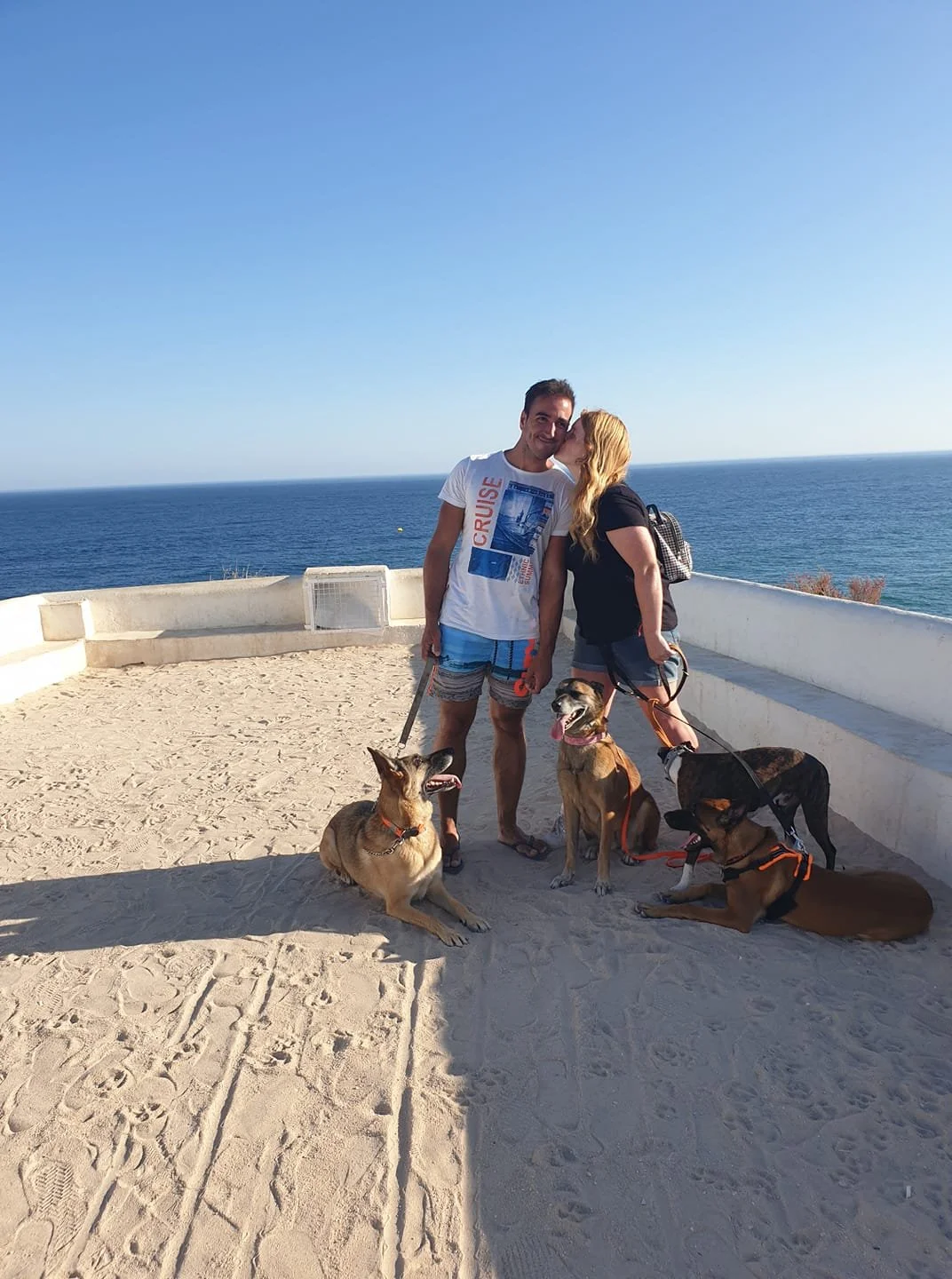 A smiling couple with four dogs on a sandy beach walkway, overlooking the ocean under a clear blue sky.