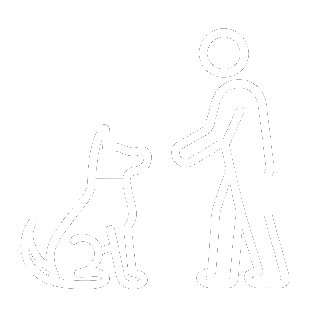 Line drawing of a person and a dog giving a paw or greeting, on a black background.