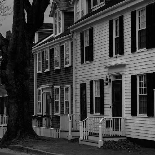 Black and white photo of historic clapboard houses with black shutters, front porches, and a large tree along a quiet street.