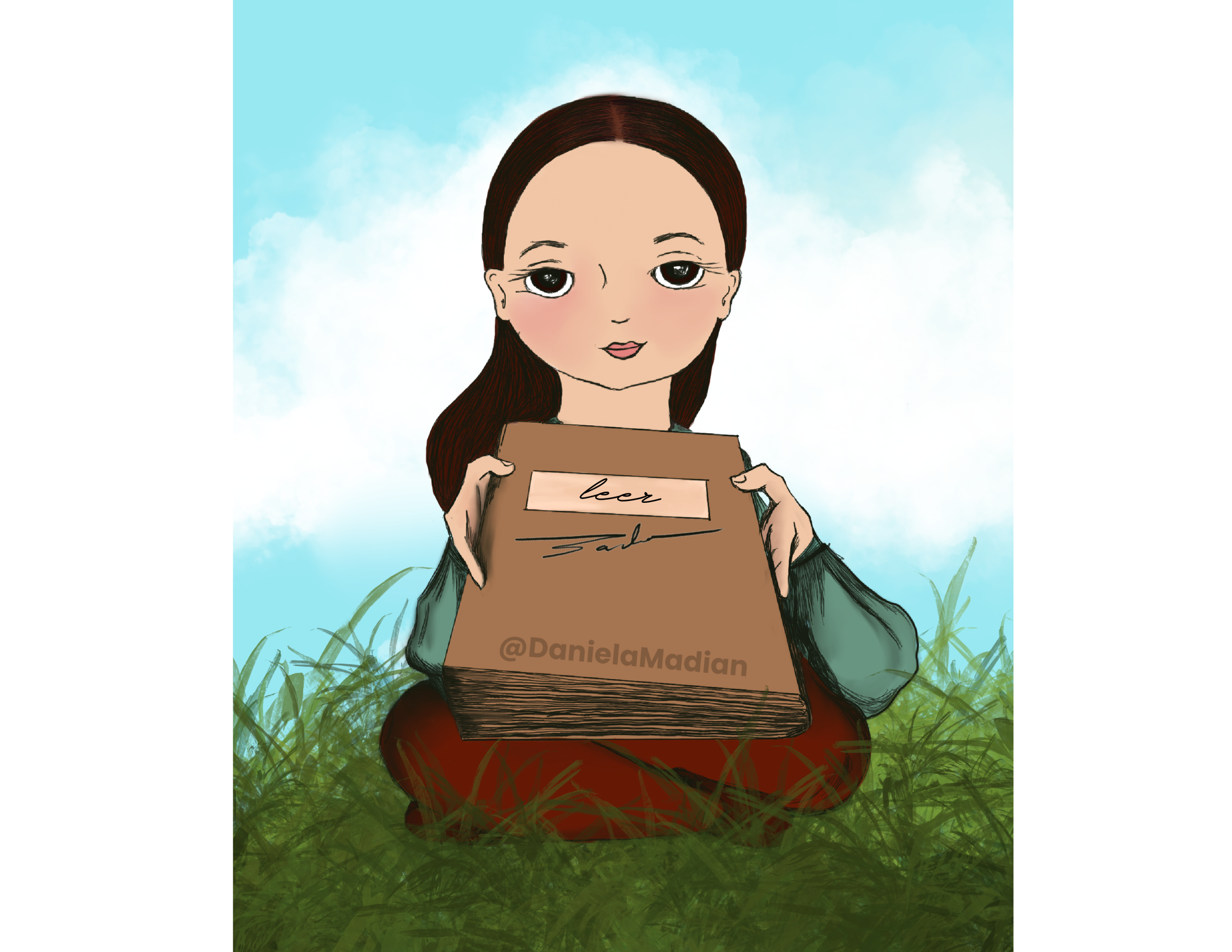 Una niña con cabello largo y oscuro, vestida con colores cálidos, está sentada en el césped, sosteniendo una caja de cartón que tiene la palabra 'leer' escrita y aparece un cielo azul claro con algunas nubes.