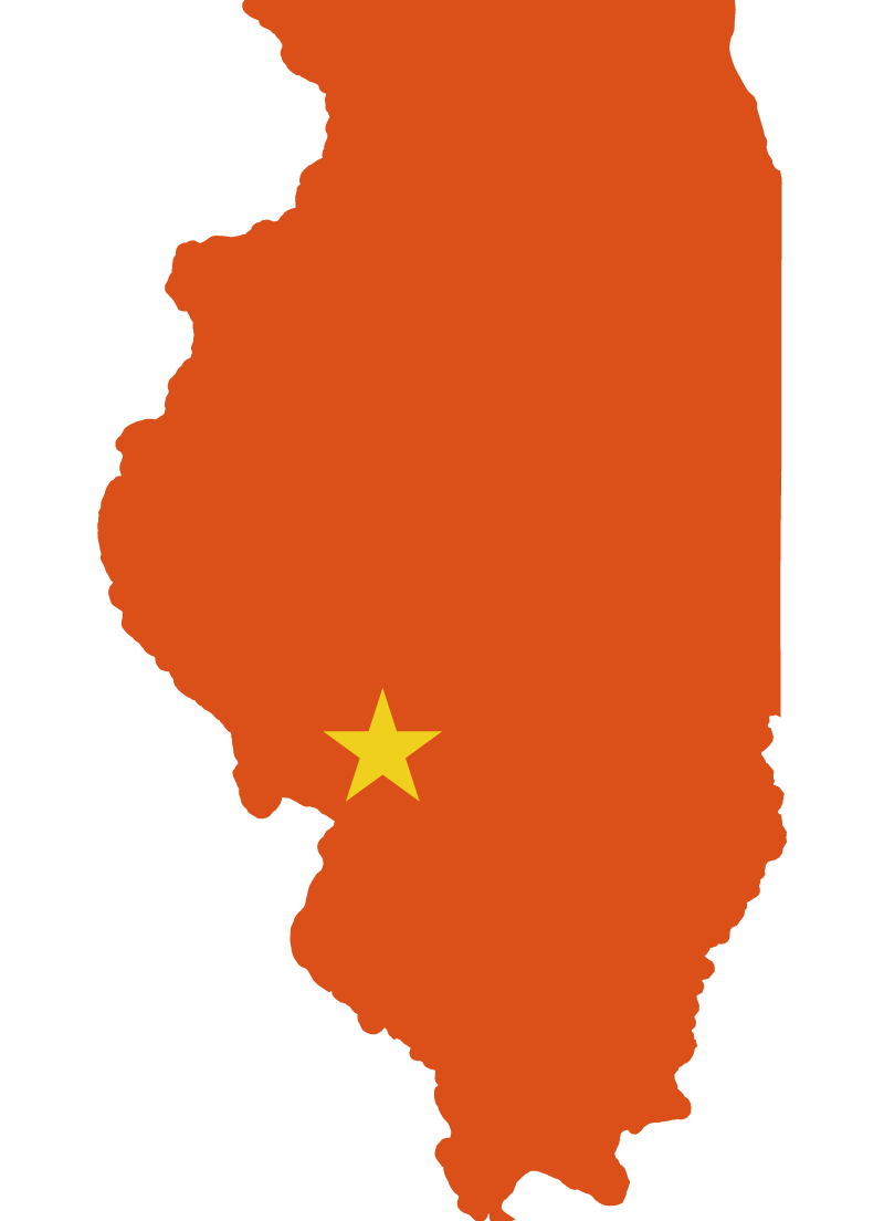Outline map of Illinois in orange with a yellow star on the southwestern side.