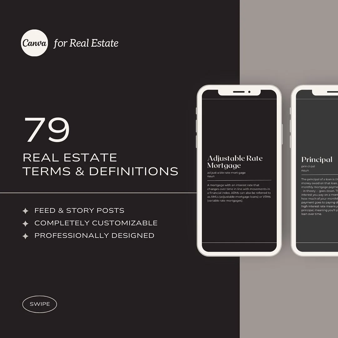 Having an educational and polished feed has never been so easy. ✨

I&rsquo;ve created these 79 Real Estate Terms &amp; Definitions Social Media Templates to not only help real estate professionals save time on design, but creating content, too!

No d
