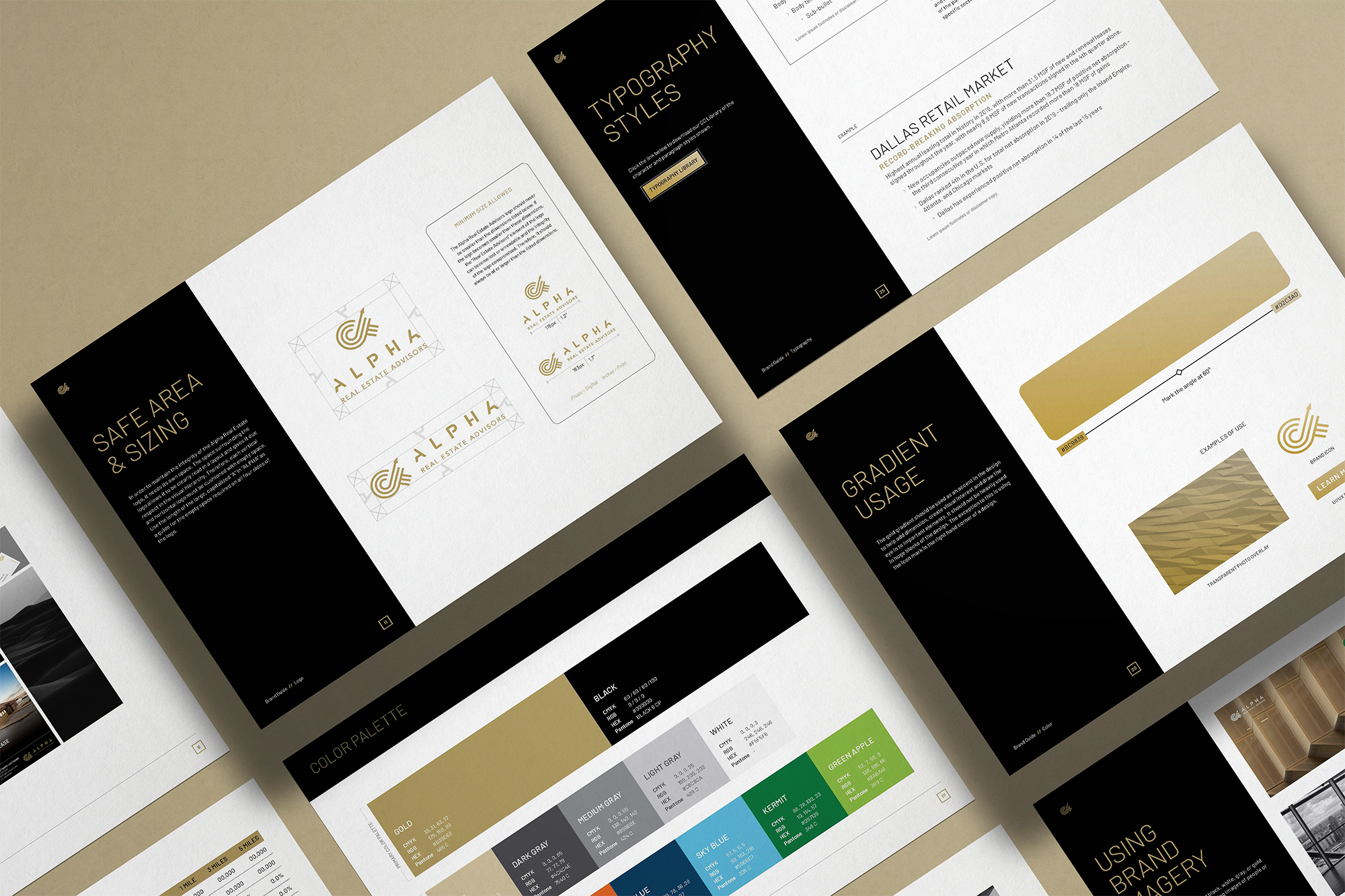 Design presentation with slides showing logo designs, typography styles, color palette, and usage guidelines for a real estate branding project.