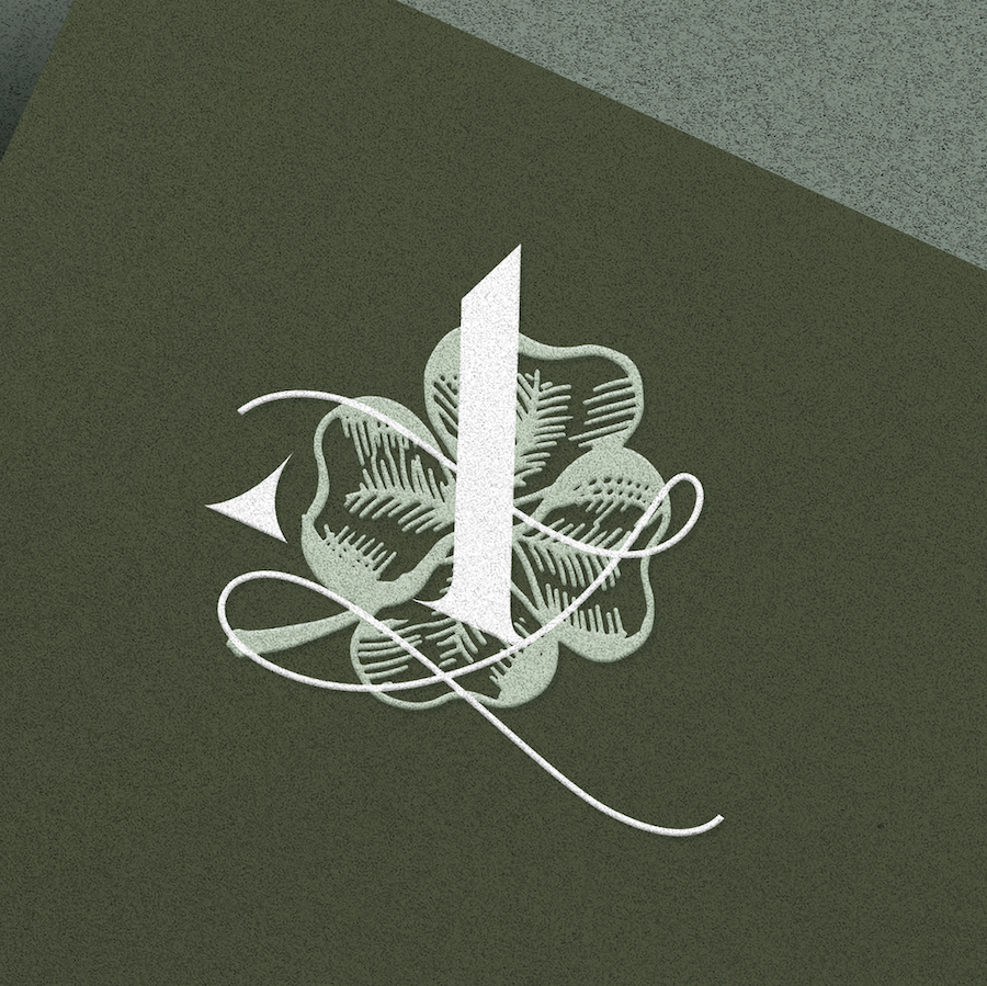 A white embroidered design of a flower with leaves and curling vine on a dark green fabric background.