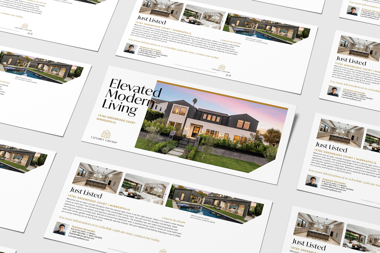 Collection of real estate flyers for a modern house at 15782 Greenridge Court, Minneapolis. Includes exterior and interior images, listing details, and contact information for Stephanie Hernandez.
