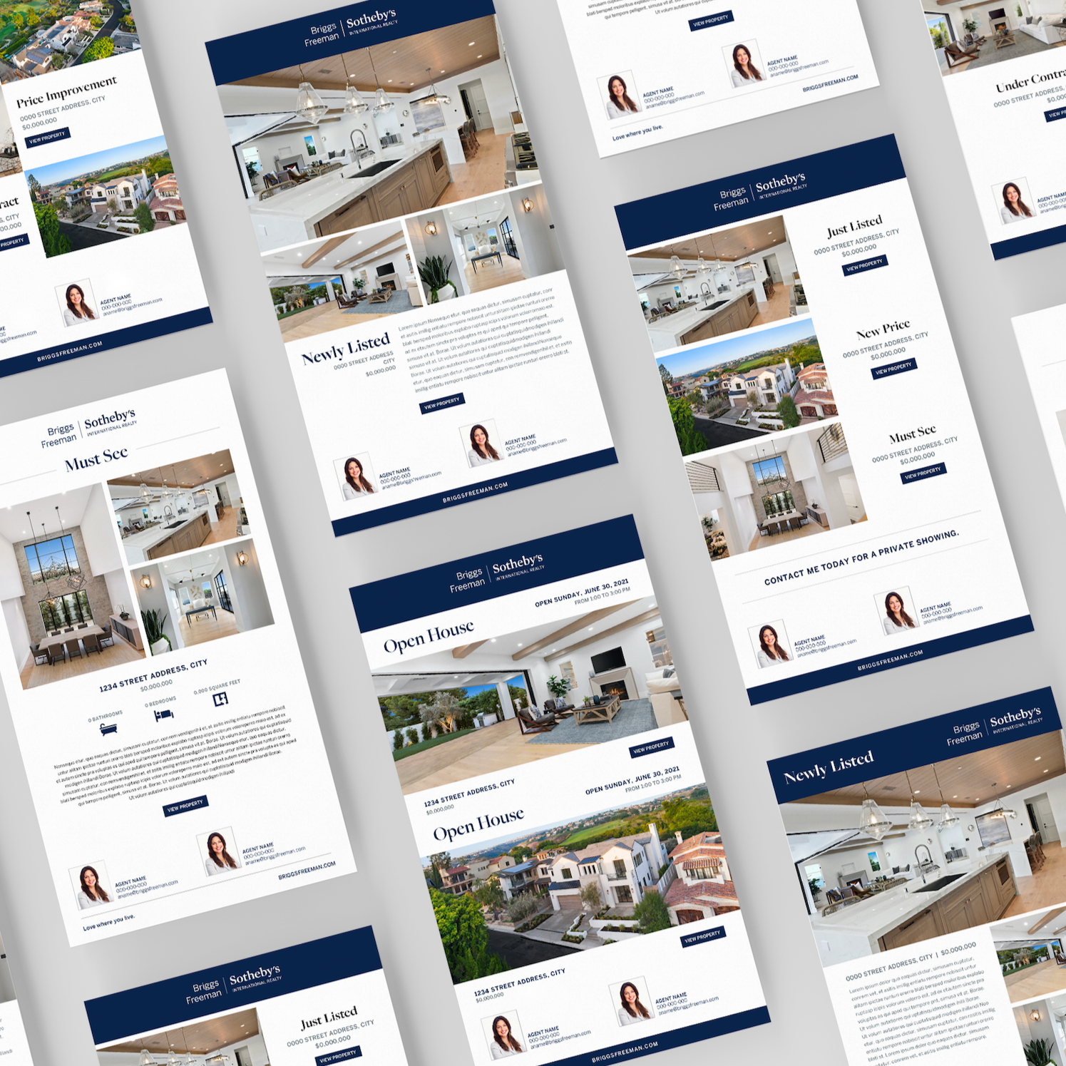 Collection of real estate flyers for a modern house at 15782 Greenridge Court, Minneapolis. Includes exterior and interior images, listing details, and contact information for Stephanie Hernandez.