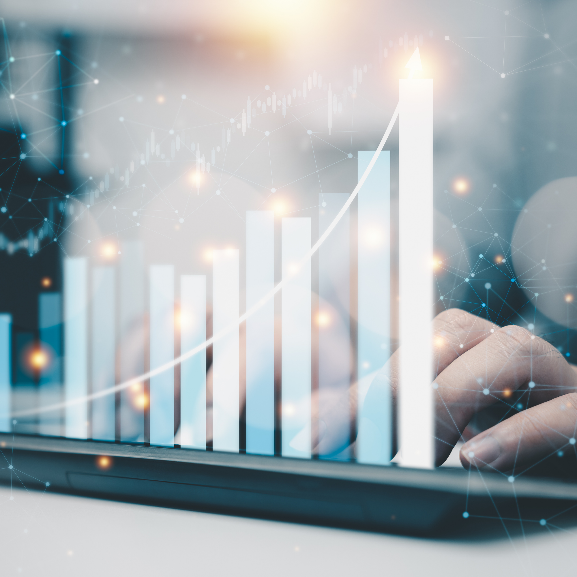 Digital infographic showing a rising bar graph with an upward arrow, overlaid with glowing network lines and data points, symbolizing growth and data analytics.