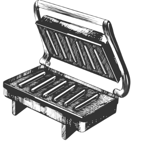 Black and white illustration of a portable electric sandwich grill with a hinged lid and ridged cooking plates.