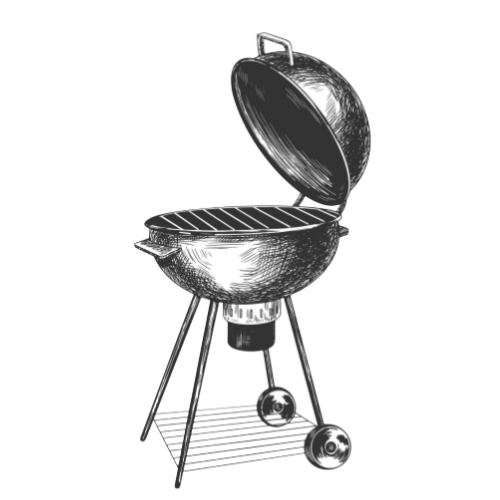 A black and white illustration of a portable charcoal grill with an open lid, standing on three legs with wheels, and a lower shelf for storage.
