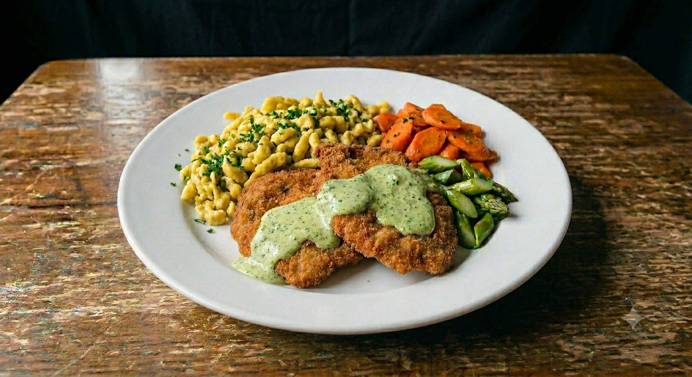 End of Spring Pork Schnitzel, Buttered Asparagus & Carrots, & Lemon Mustard Spätzle