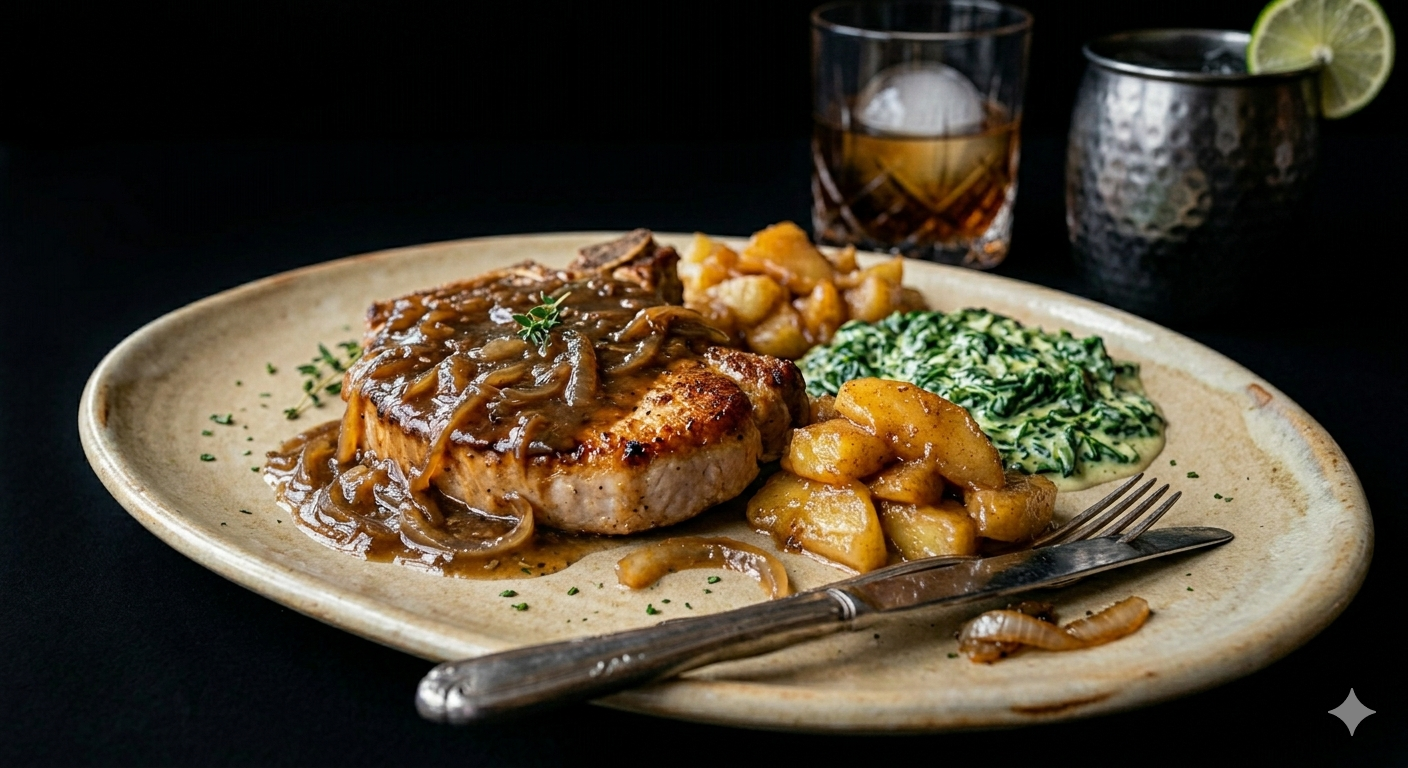 Smothered Pork Chop w/ Creamed Spinach & Fried Apples