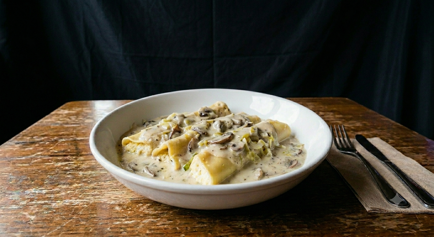 Lemon Ricotta Stuffed Manicotti w/ Creamy Mushroom & Leek Sauce