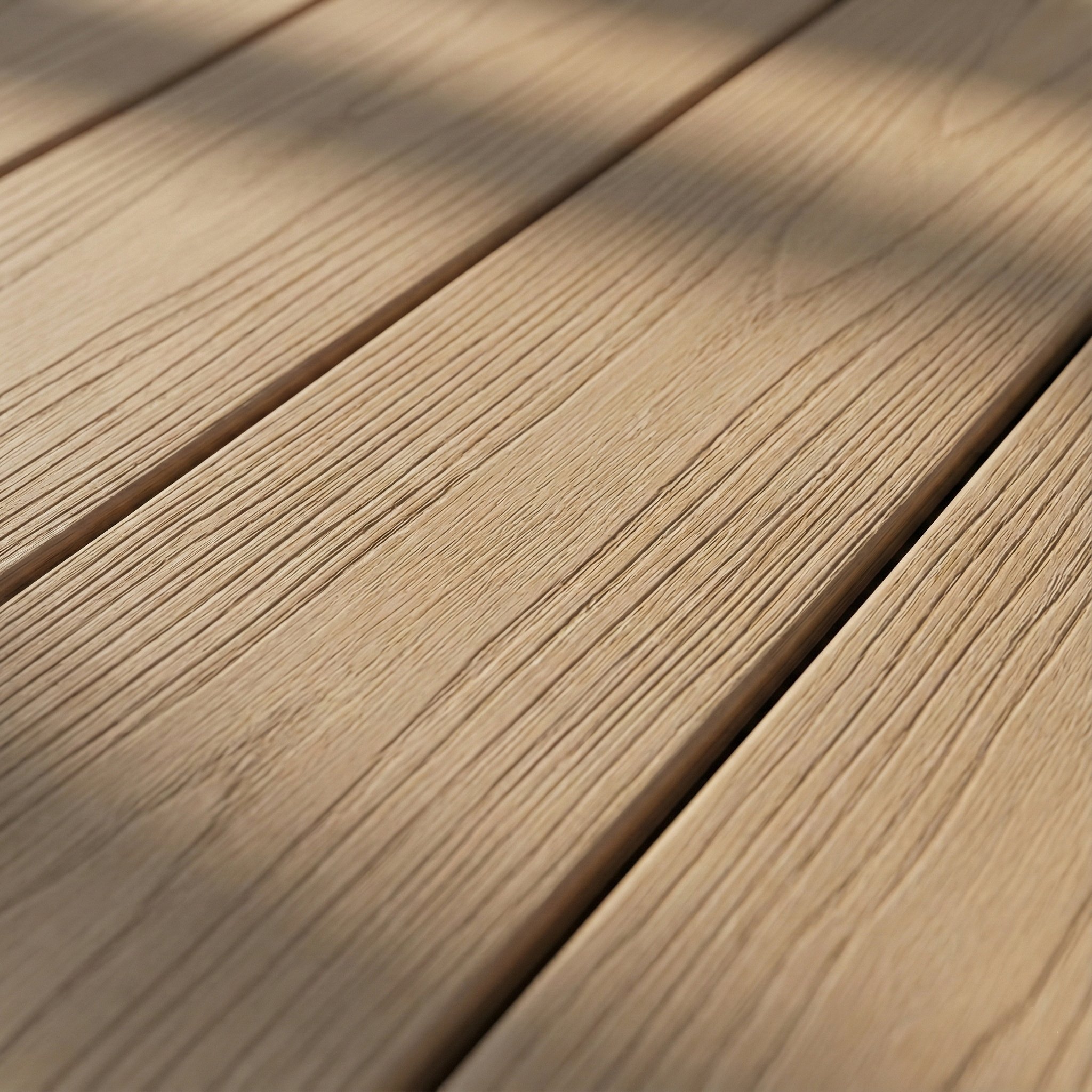 Close-up of Monobo premium composite timber decking in Singapore, featuring natural wood grain texture under soft tropical sunlight