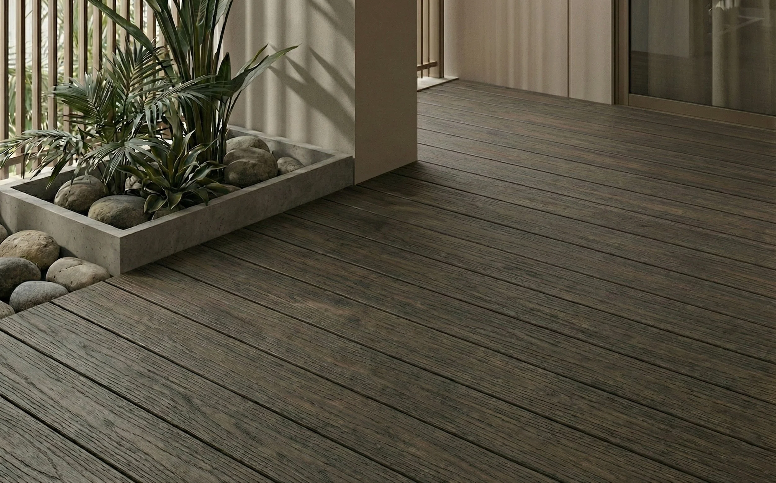 Monobo premium composite timber decking installed on a modern Singapore balcony, featuring clean architectural lines and soft tropical light