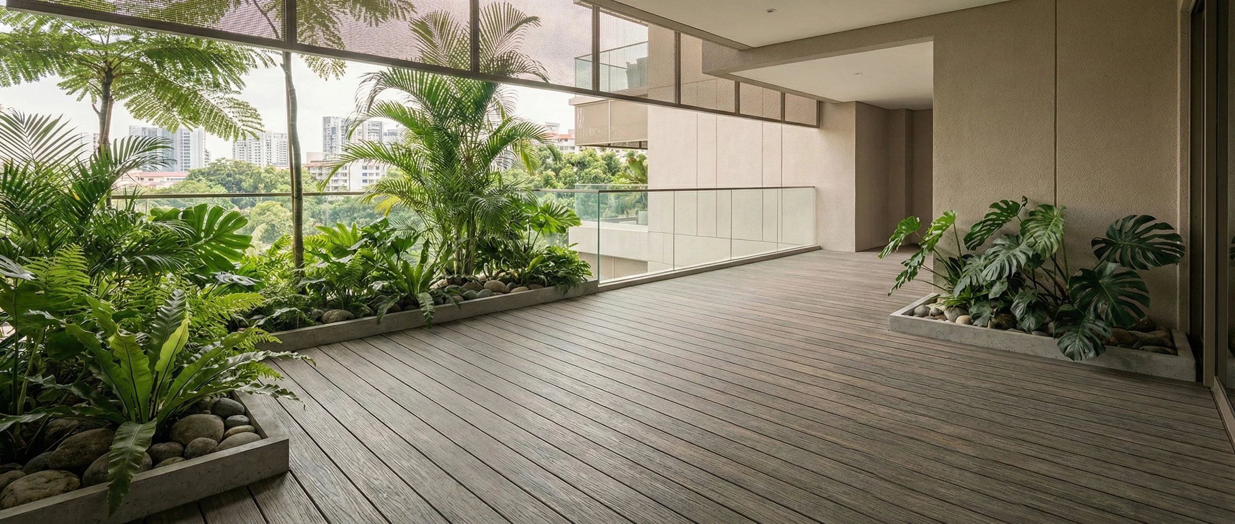Monobo composite timber decking in a modern Singapore outdoor residential space with integrated greenery