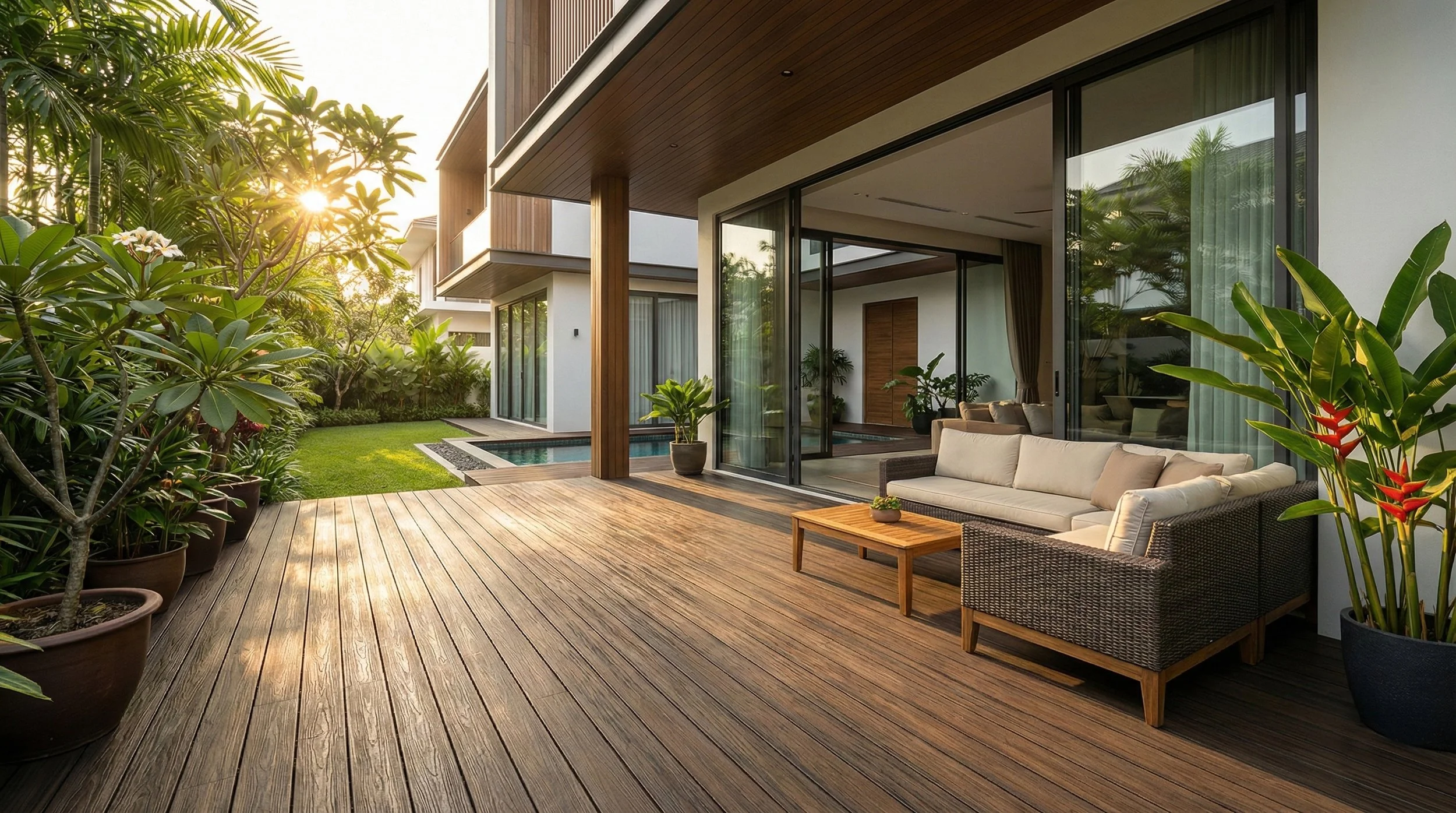 Monobo Smoked Oak composite timber decking in a modern Singapore landed home, designed for tropical outdoor living