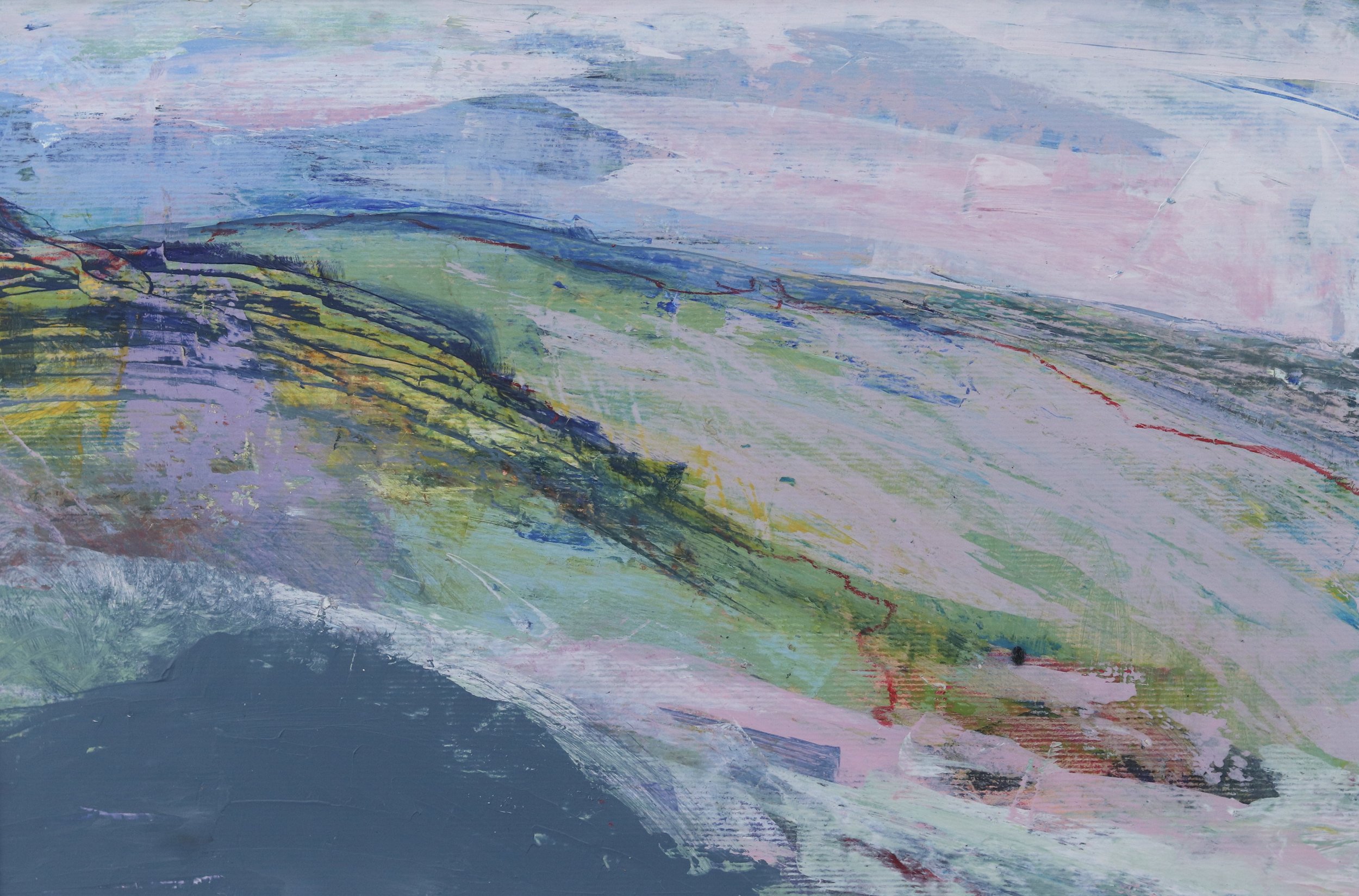 abstract painting of a landscape of hills with lots of blue and green and pink