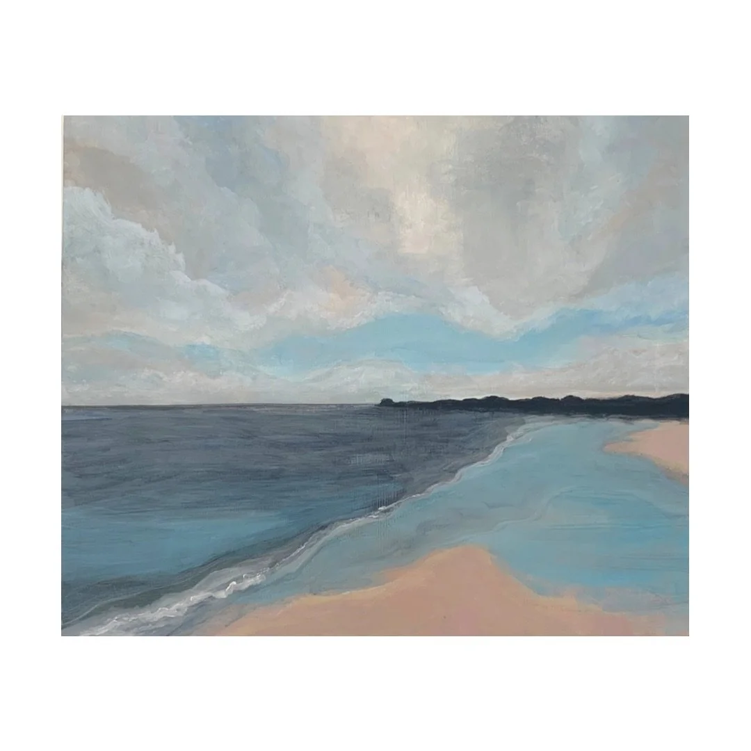 painting of a beach scene with pink sand