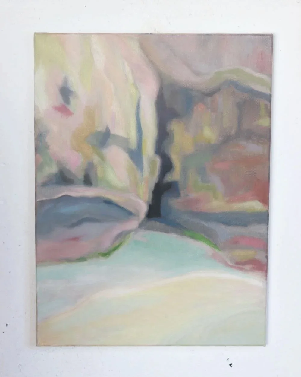 a colourful painting of a cave entrance with a pool of water