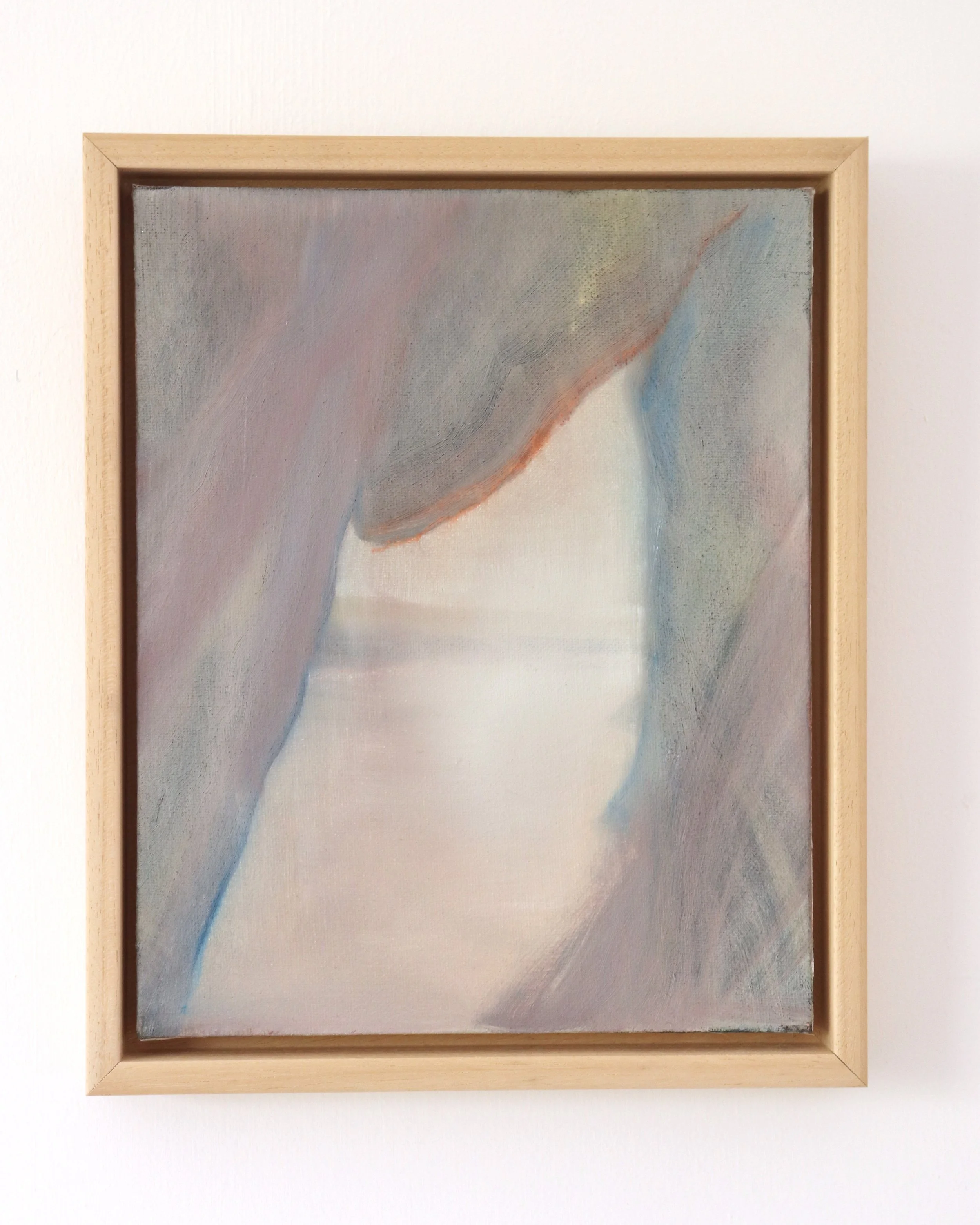 painting showing a view from inside a cave, surrounded by rocks, framing a beach in the distance