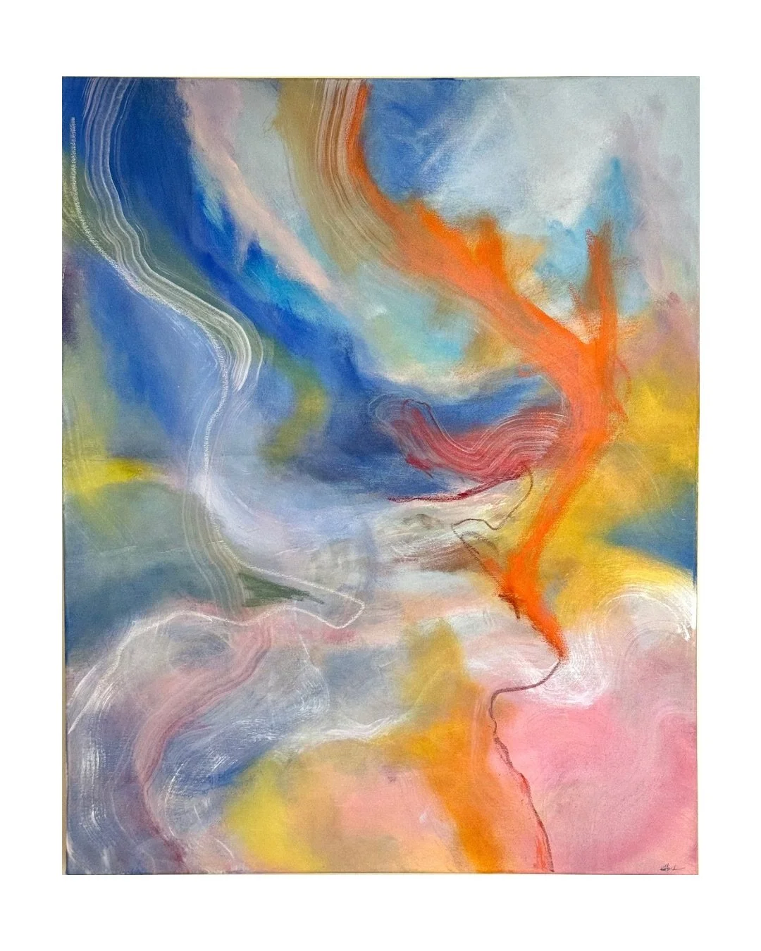 abstract painting with bold blue, orange, pink and yellow swirly colours