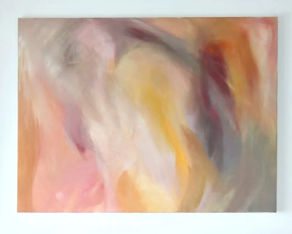 abstract painting showing swirling colours of pinks, burgundy, yellow and beige 