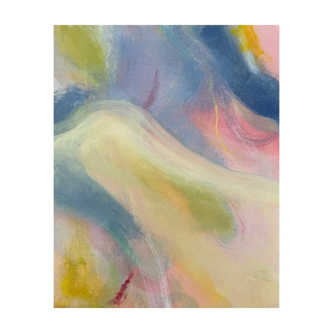 abstract painting with green flowing shapes and blue and pink colours